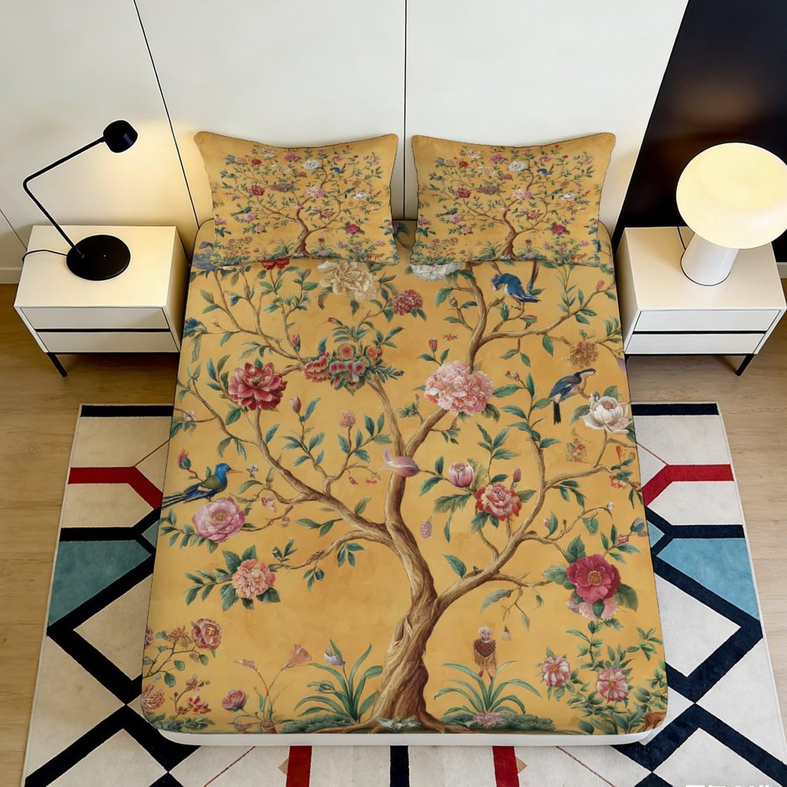 3D Printed Vintage Floral Tree Fitted Sheet Microfiber Soft Breathable Bird Garden Mattress Cover for Bedroom Dorm Decor 90x200x25cm