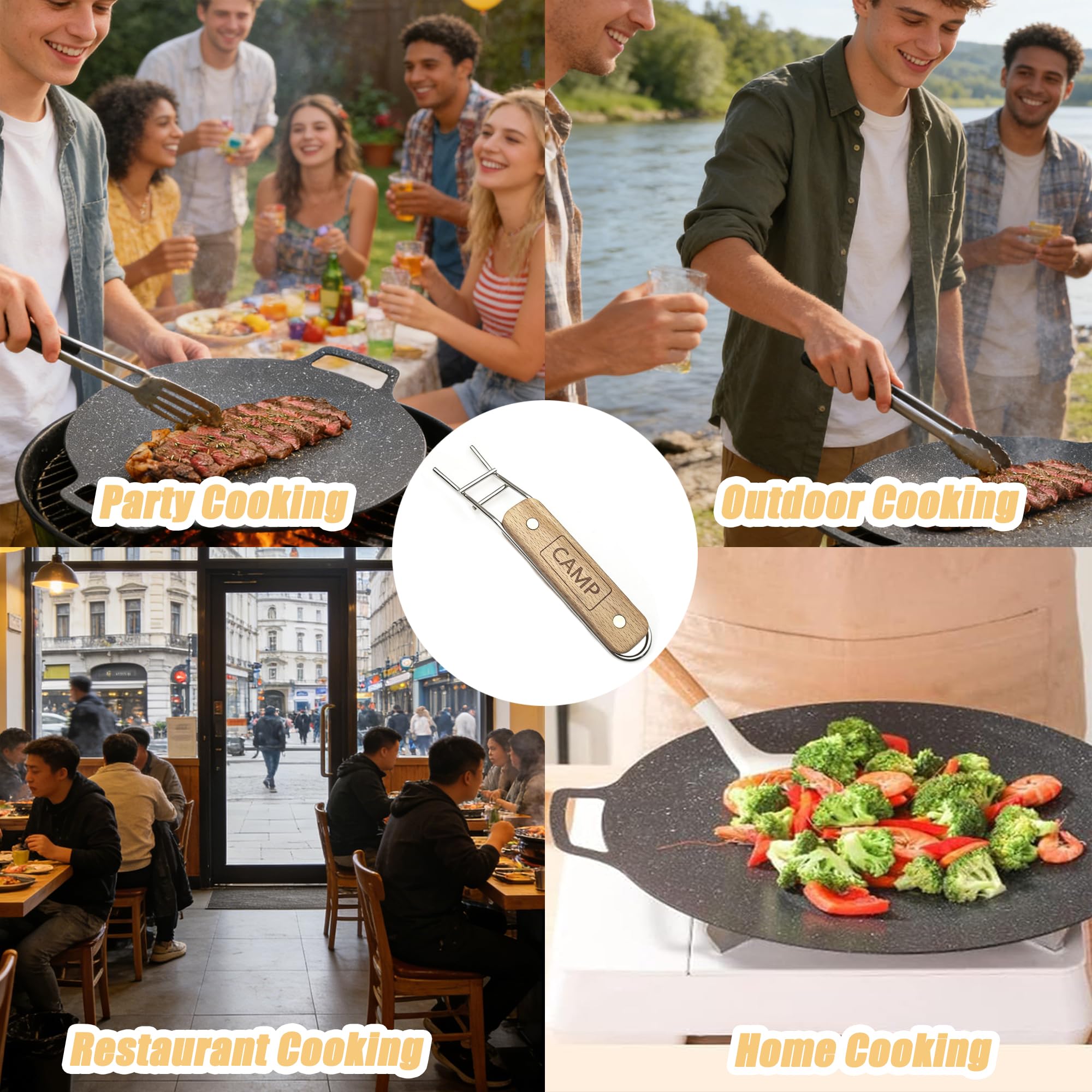 Poignée de Barbecue en Acier Inoxydable avec Lève grille en Bois Holder Anti brûlure avec Poignée en Bois pour Plaque de Barbecue Levier de Grille de Barbecue pour camping en plein air