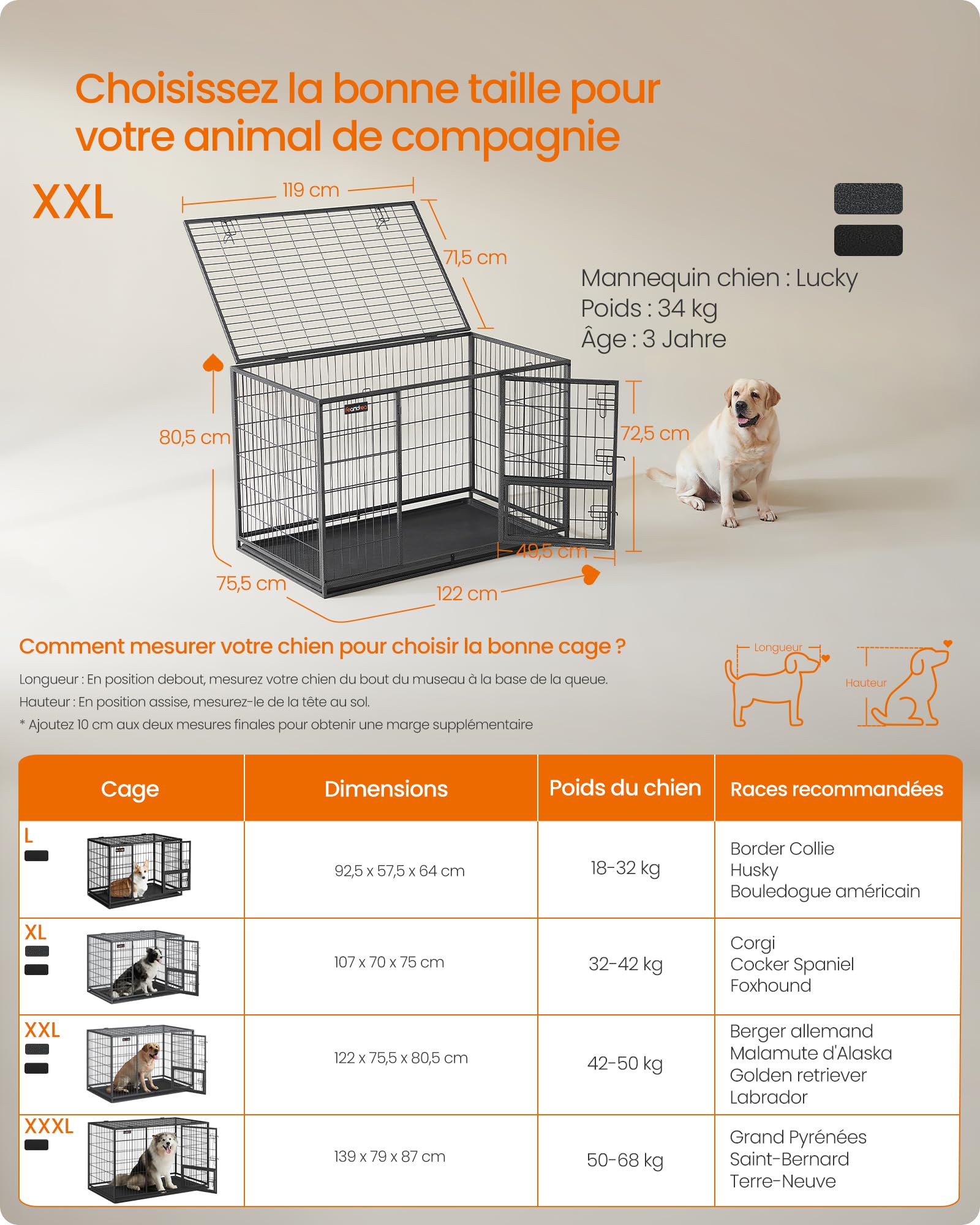 Feandrea Cage pour Chien Lourd, 122 x 74,5 x 80,5 cm, pour Chiens Moyens et Grands, Double Porte Amovible, XXL, Gris PPD003G01