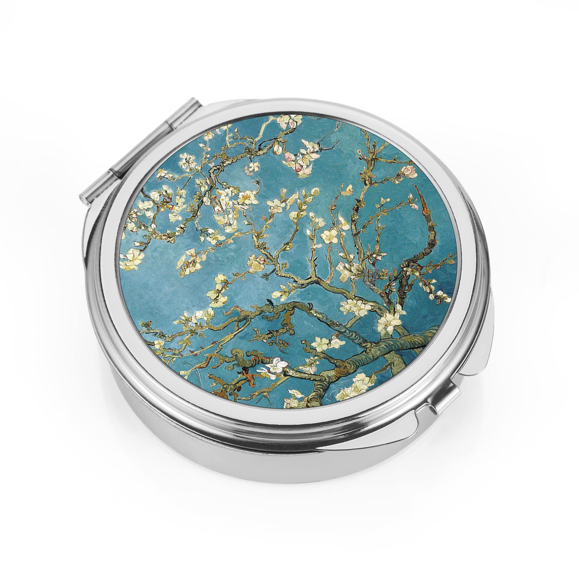 DynippyPill Case 3 Detachable Compartment Pill Box with Mirror (2.4x2.4x0.7 inches) Pocket Medicine Case Vitamin Fish Oil Pill Organizer for Pocket Purse and Travel Gifts Silver- Almond Blossom