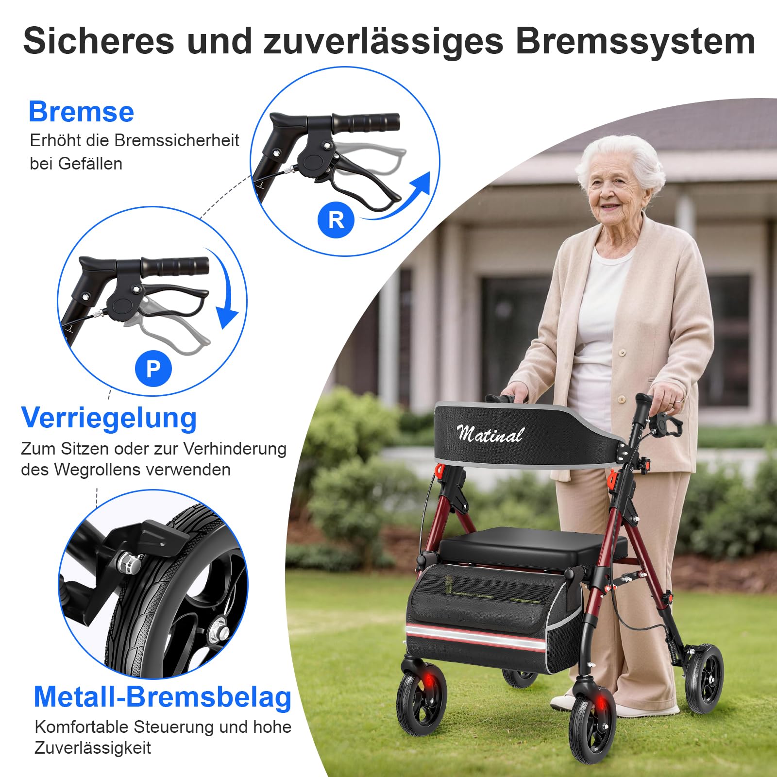 Leichtgewicht Rollator faltbar mit Sitz, Bis (160 kg) belastbar | 6-fach höhenverstellbar, 8-Zoll All-Terrain-Reifen, Robuste Aluminium-Laufhilfe Ideal für Indoor & Outdoor (Weinrot)