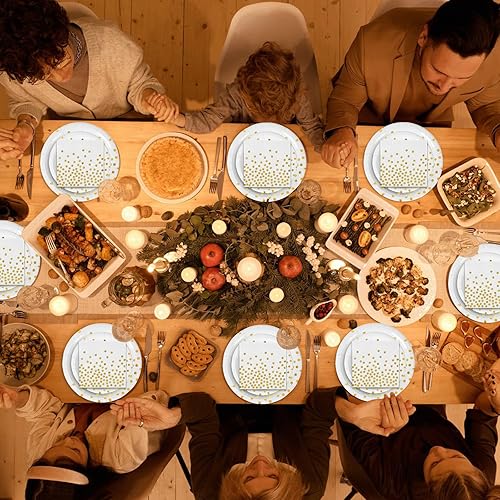 Miniatura 7 de Platos de papel y servilletas de oro blanco y rosa para fiestas, platos desechables de 25 x 9 pulgadas, platos de postre de 25 x 7 y servilletas de