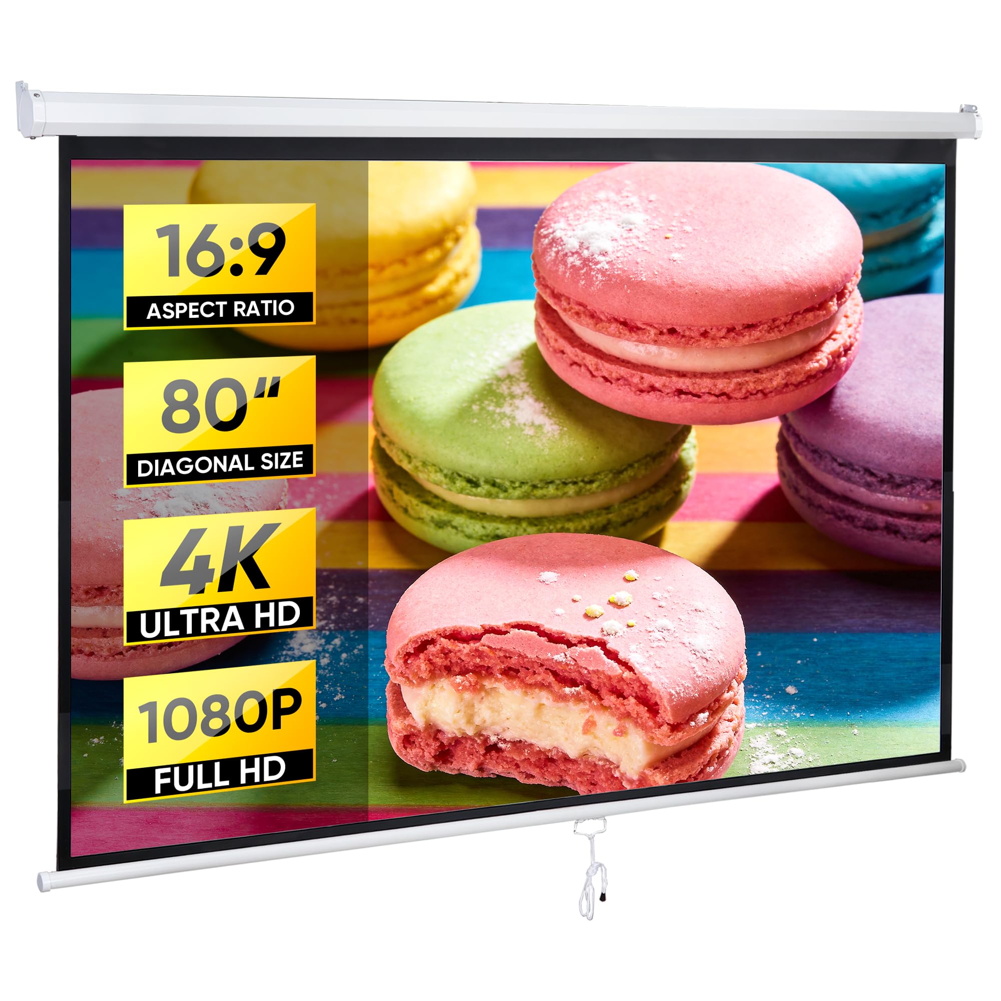 ZENY Projector Screen Pull Down 80 Inch 16:9 HD Projection Screen Folding Home Theater Portable Indoor Outdoor Movie Screen