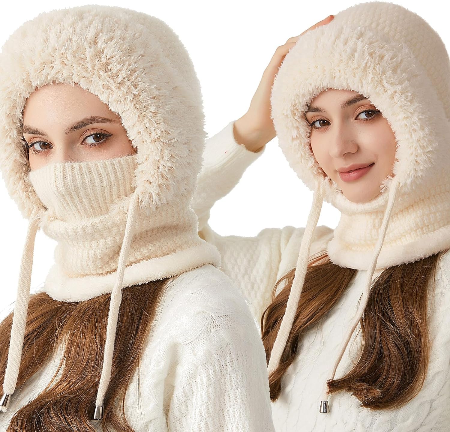 Beanie Hats for Women, 3 in 1 Beanie Hat with Scarf and Mask, Womens Winter Outdoors Windproof Balaclava Hats, Warm Knitted Ski Scarf Mask Set Beige