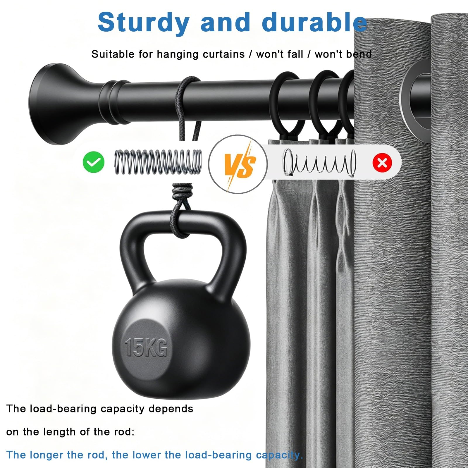Barre de Douche Extensible 410-500 cm, 360-450 cm, 310-400 cm Tringle Rideau Sans Percage, Tringle À Ressort Antidérapante Tringle télescopique Pour Salle de Bain, Armoire(Black,160-250cm)