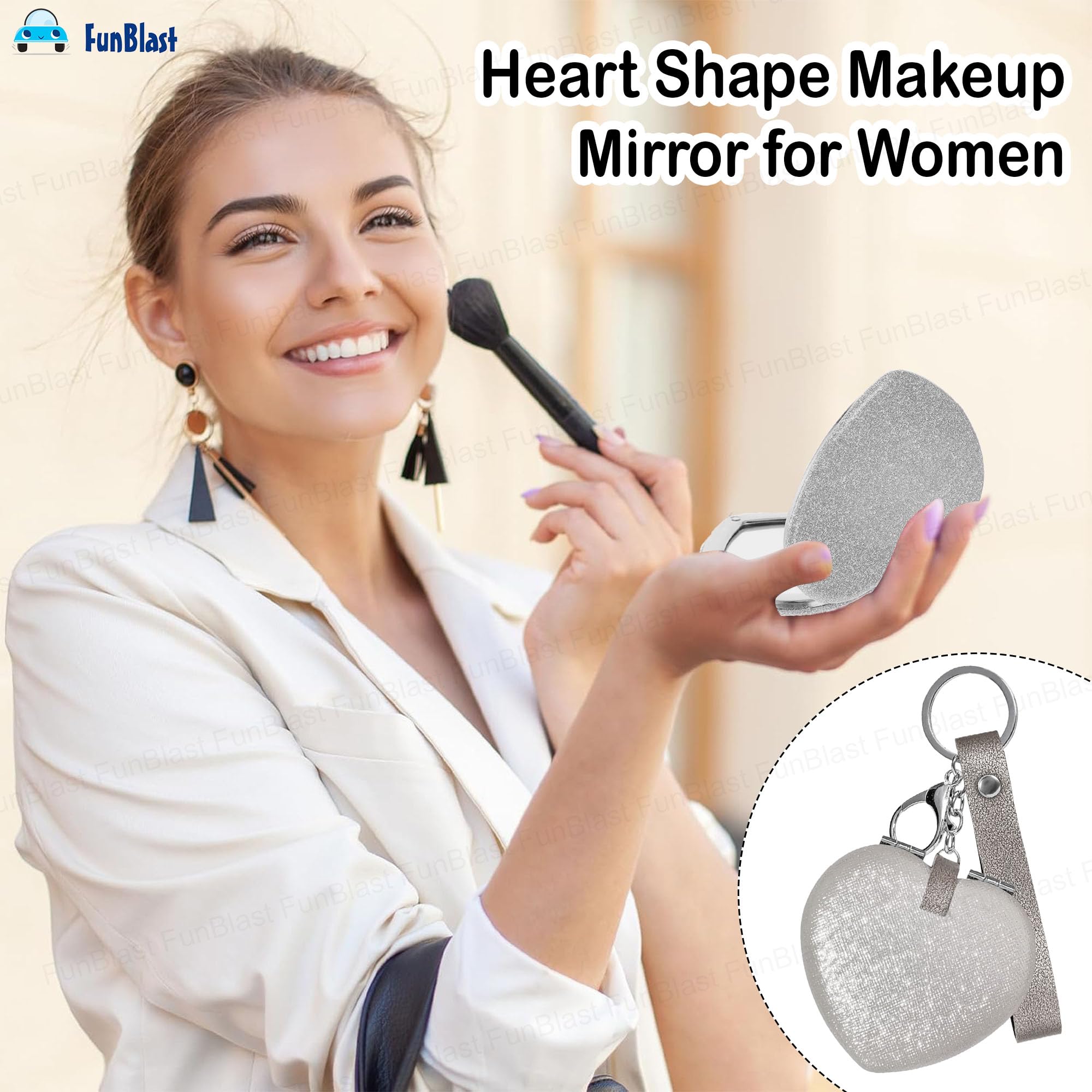 FunBlast Heart Shape Makeup Mirrors for Women, Aesthetic Mini Mirror, Portable Folding Double Sided Compact Mirror with 1X & 2X Magnification, Keychain Mirrors (Grey-Random) 2