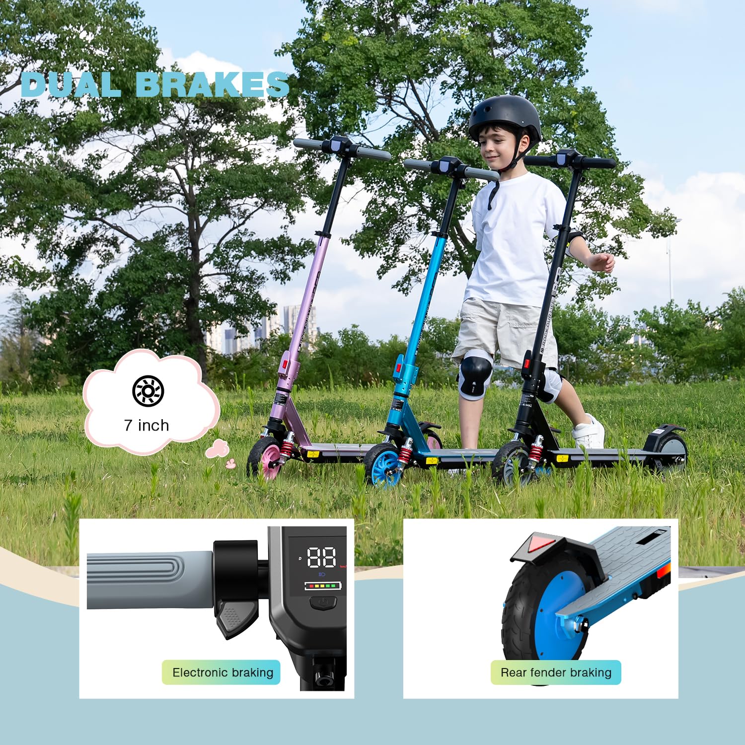 RCB R12 Max Trottinette électrique Enfant âge 6-12 Ans,jusqu'à 18km/h & 15 km,3-Réglage Hauteur,Suspension, 7" Pliable Trottinette Electrique, Lumières colorées, écran LED, Cadeau pour Enfant
