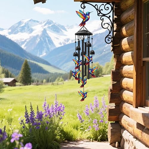 Miniatura 6 de Campanillas de viento de colibrí para exteriores, campanillas de viento de metal negro para exteriores, regalos de colibríes para mujereshombres,