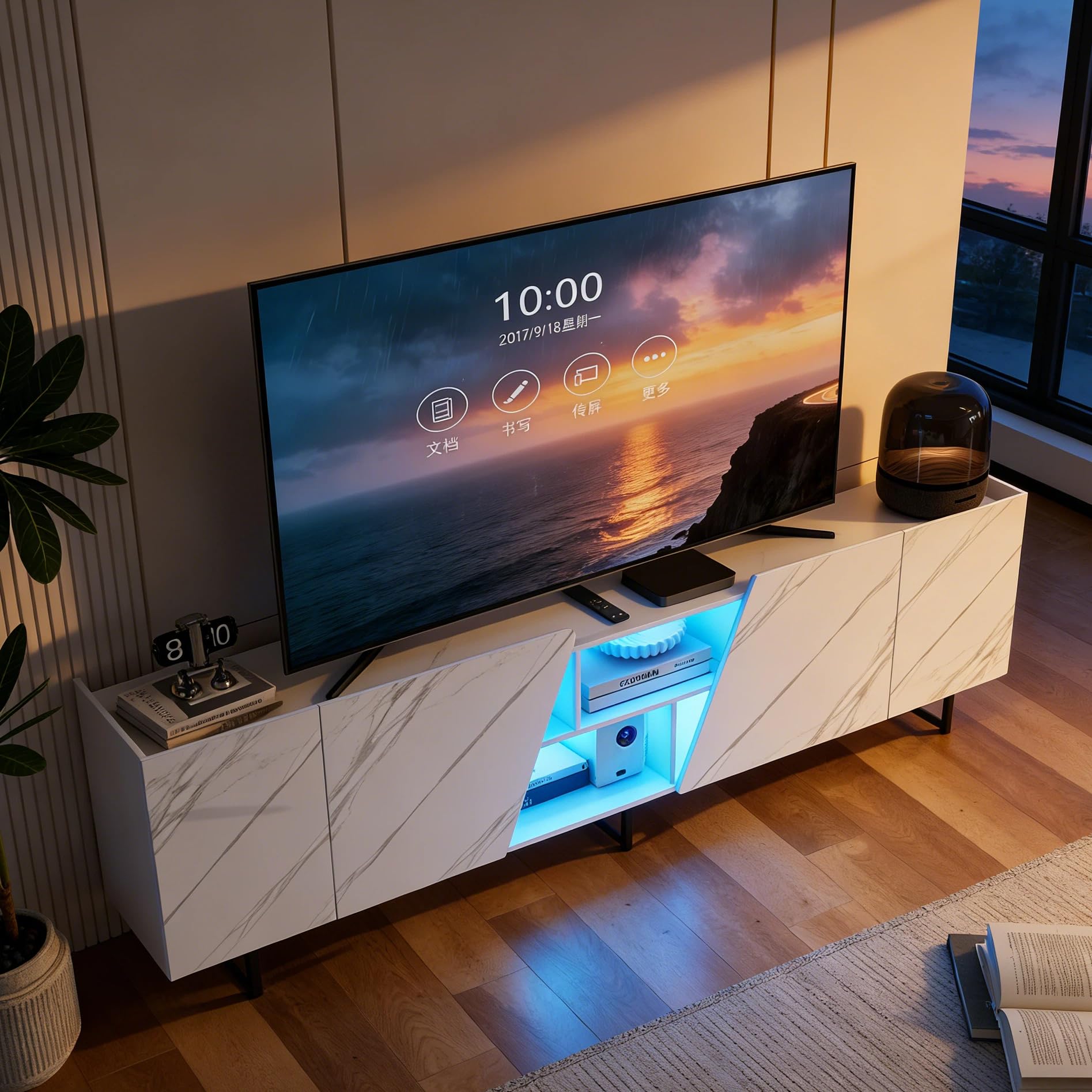 BRILVERDE Fernsehschrank mit LED-Beleuchtung in Weißer Marmoroptik Hochglanz – 220 cm TV Lowboard mit Tür, Stauraum und Sideboards, für Wohnzimmer (Weiß,220cm)