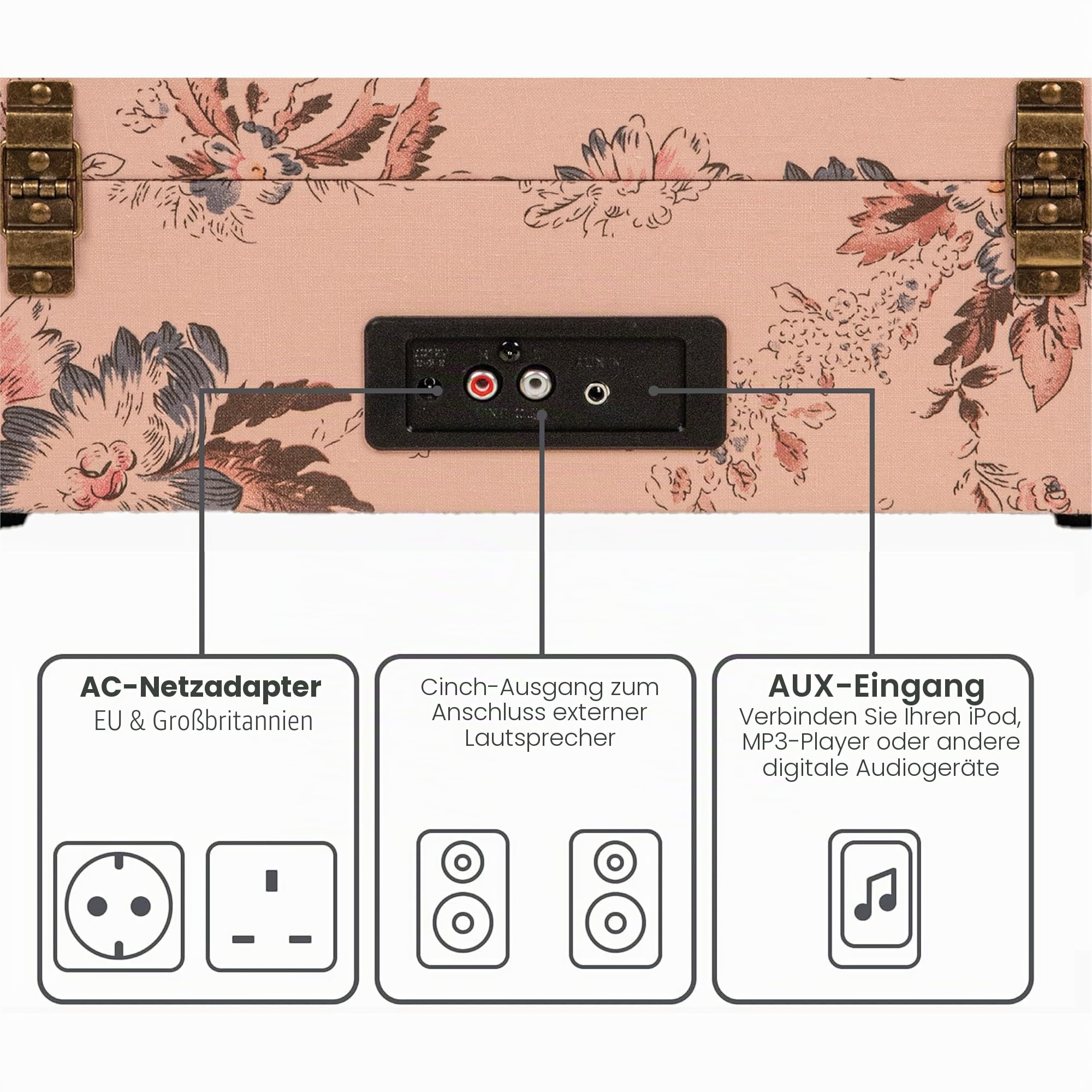 Crosley Voyager Plattenspieler mit 2 Lautsprecher, Bluetooth In & Out und AUX - 3 Speed Retro Schallplattenspieler - Für 7", 10" und 12" Vinyl - Tragbar mit Integriertem Koffer - Blumen
