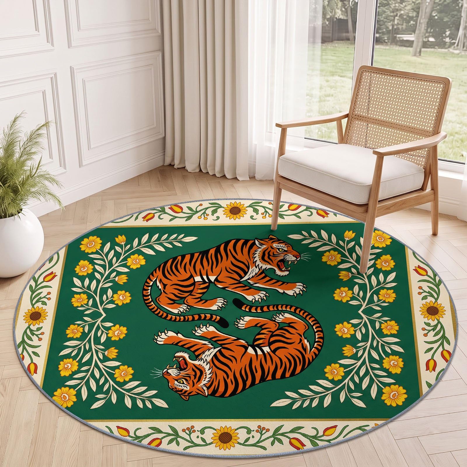 Ethnique Traditionnel Grand Tapis Rond à Motif Tigre Fleurs Feuilles Plantes pour Salon Chambre à Coucher Salle de Bain Couloir décoration, Lavable en Machine Pile Courte et Douce, Vert, 120 cm