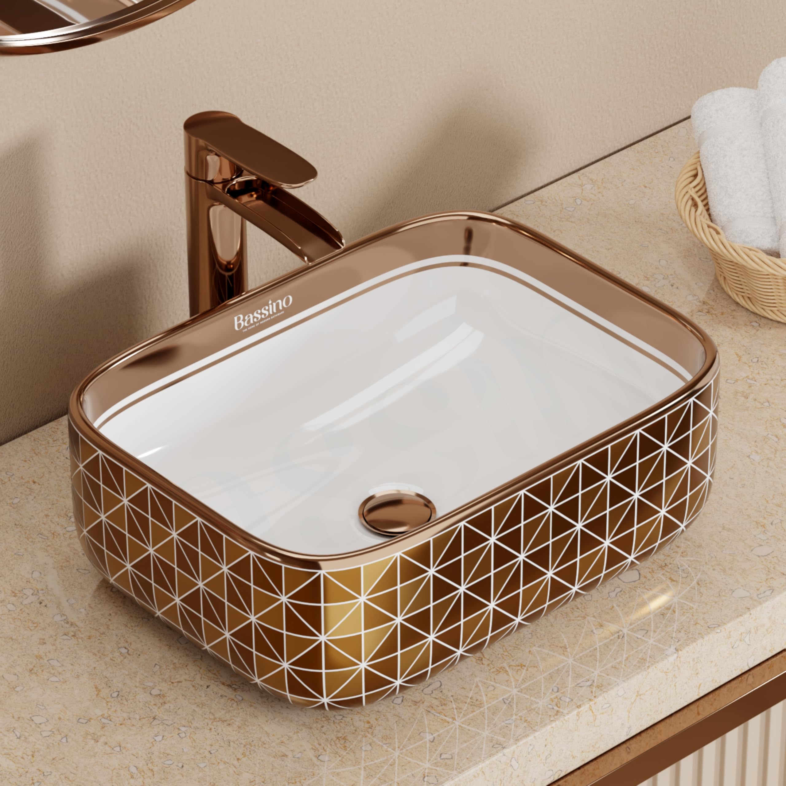 BASSINO Ceramic Wash Basin - White & Rose Gold -11 BASSINO Ceramic Wash Basin - White & Rose Gold -11