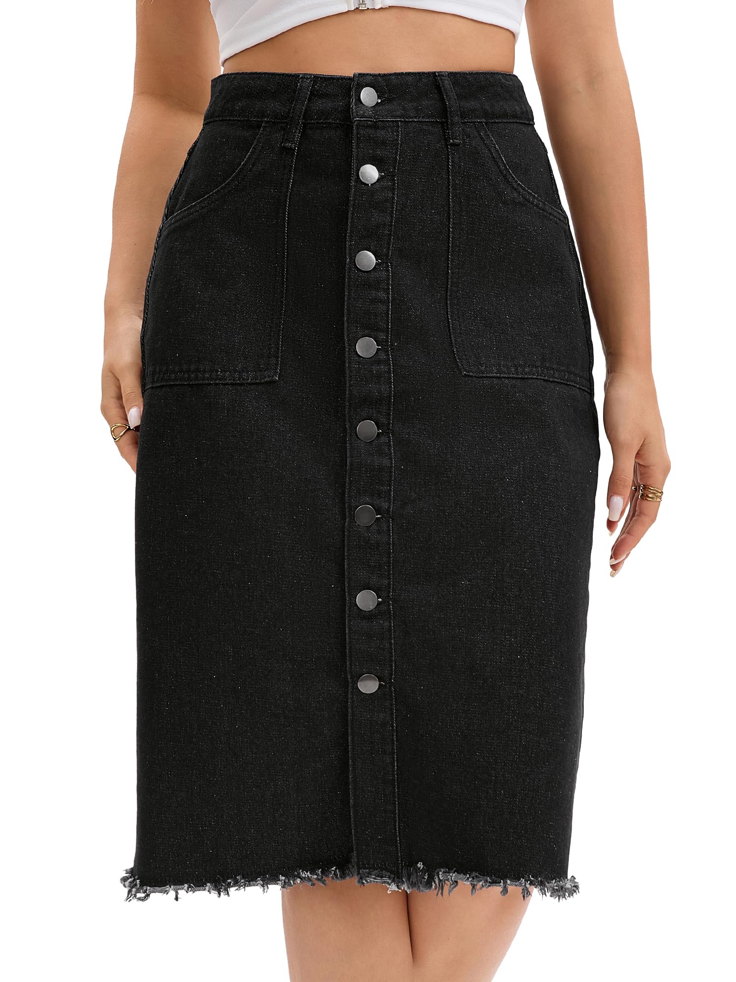 Womens Denim Skirt Knee Length Raw Hem Button Down Pencil Skirts