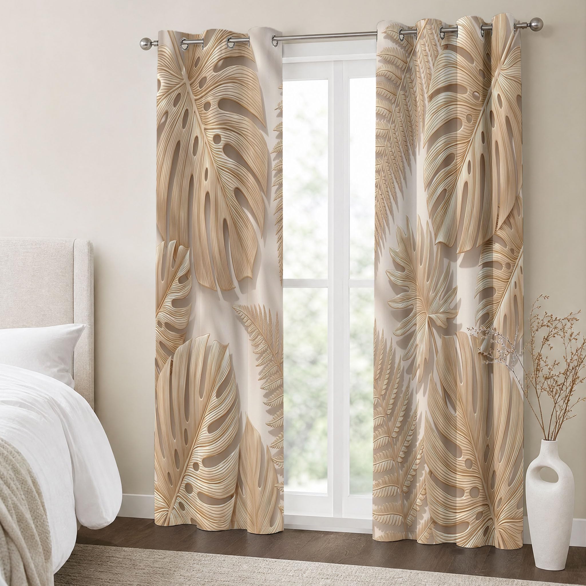 Farnblattmuster Vorhänge, Pflanzennatur Verdunkelungsvorhang - Beige Vorhang Blickdicht, Thermovorhang Für Schlafzimmer Gardinen Mit Ösen, H140 X B90 cm (2Er Pack)