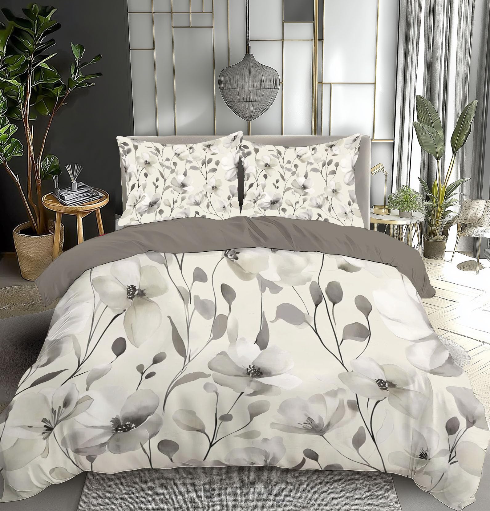 Housse de Couette 240x260cm avec 2 Taies 65x65 en Microfibre Douce Blanc Cassé Floral