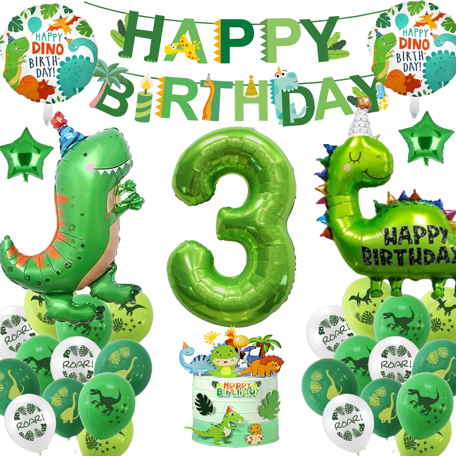 Dinosaur 3rd Birthday Decorations Boys,Green Number 3 Foil Balloons with Happy Birthday Banner and Dinosaur Foil Balloons for 3 Years Old Party Decorations