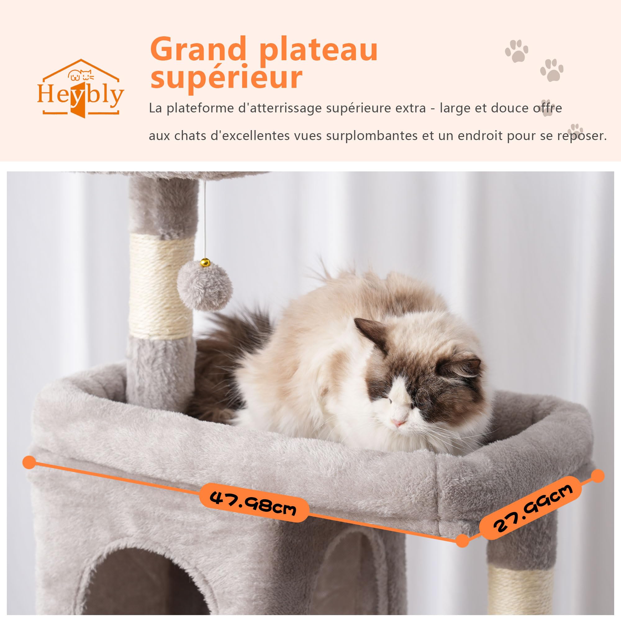 Heybly Arbre À Chat, De 178 cm De Hauteur, Colonne À Griffer pour Les Chats D'Intérieur, Arbre À Chat Multi-Étagé avec 8 Colonnes À Griffer, 2 Trou, 2 Plateformes, Hamac, Panier, Gris Foncé HCT036W