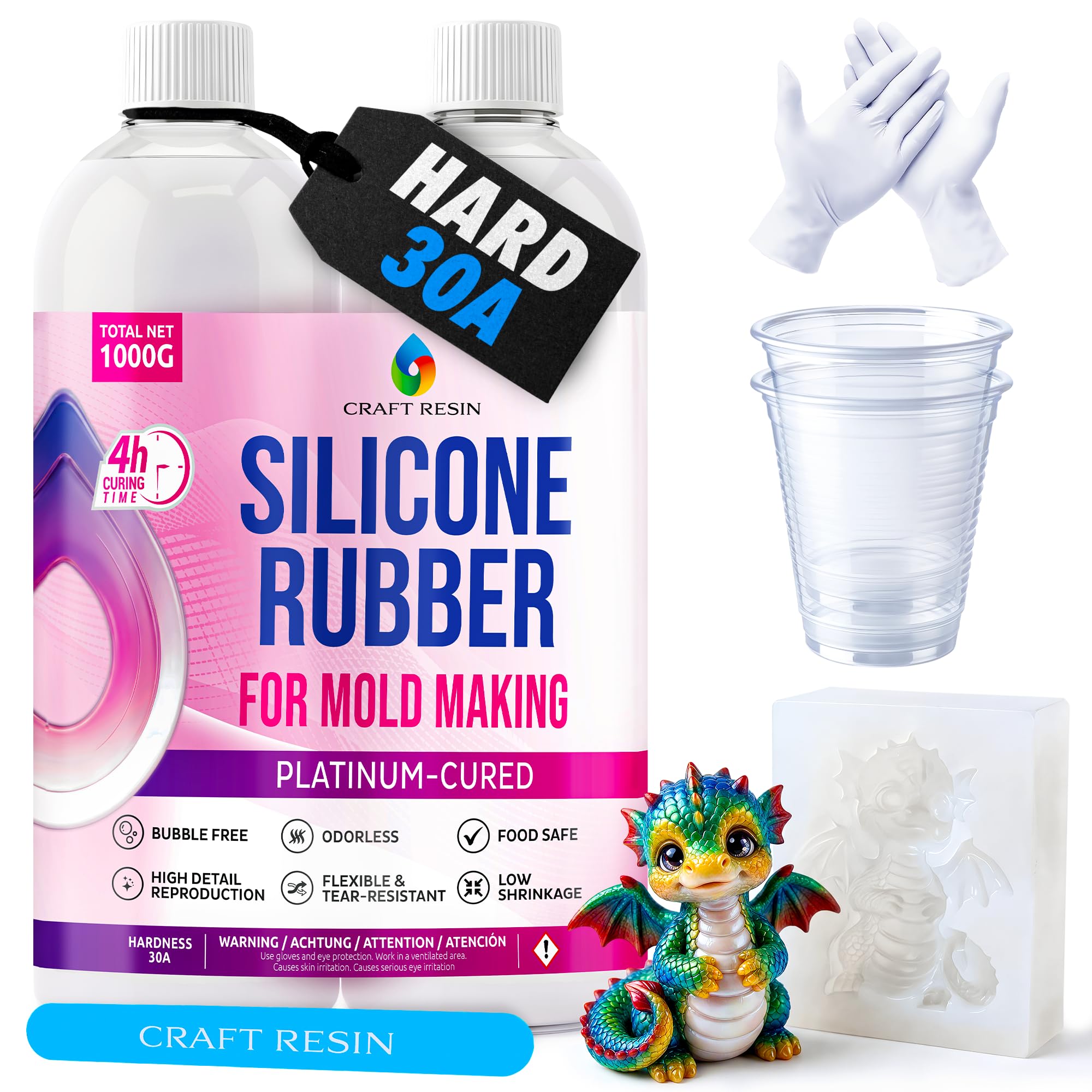 CRAFT RESIN 1000g Kit de Fabrication Silicone pour Moulage – 30A Dureté Shore Silicone Alimentaire Liquide pour Moulage en Résine, Savon et Bougies – Hautement Flexible, 1:1 ratio de mélange
