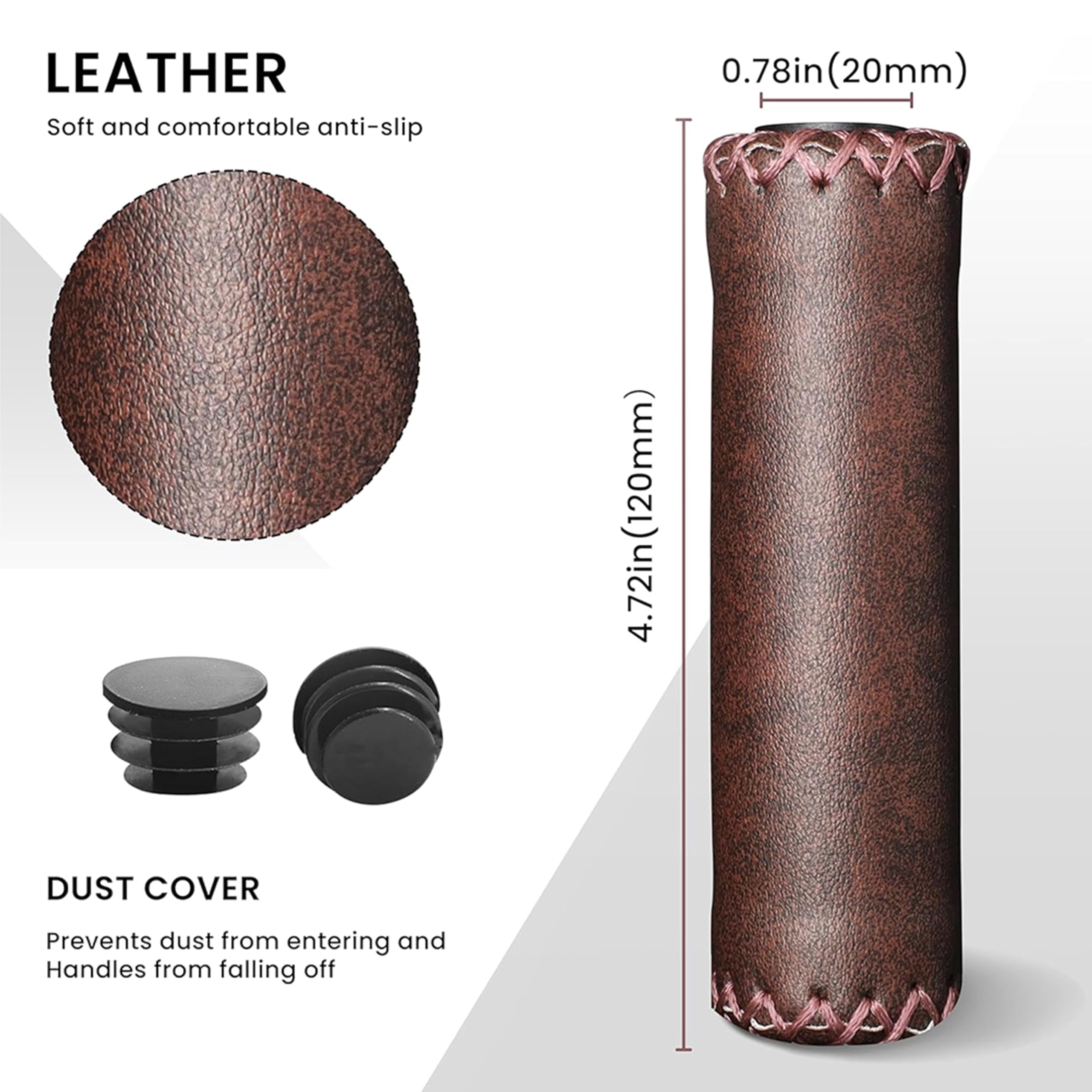 LEWEE Bike Handlebar Grips, Brown Vinyl Leather Bicycle Grips, Hand-Stitched Beach Cruiser Bike Grips for 22.2 (7/8