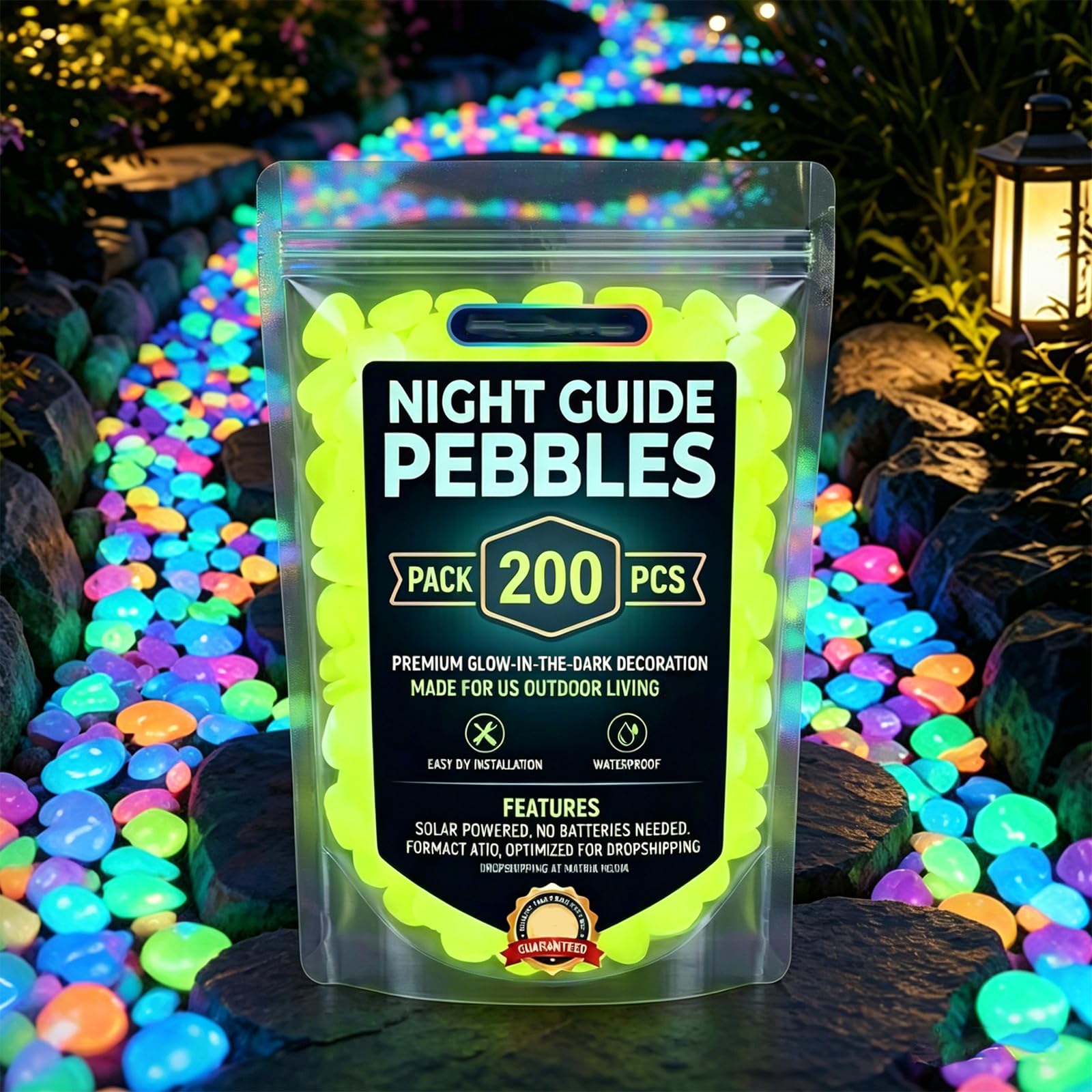 Colorful Glow-in-the-Dark Garden Stones, Night Guide Pebbles Glow, Rainbow Luminous Stepping Stones for Outdoor Walkway & Landscaping, Glowing Fish Tank Decorations, Vase Glow-Rocks (Yellow,200)