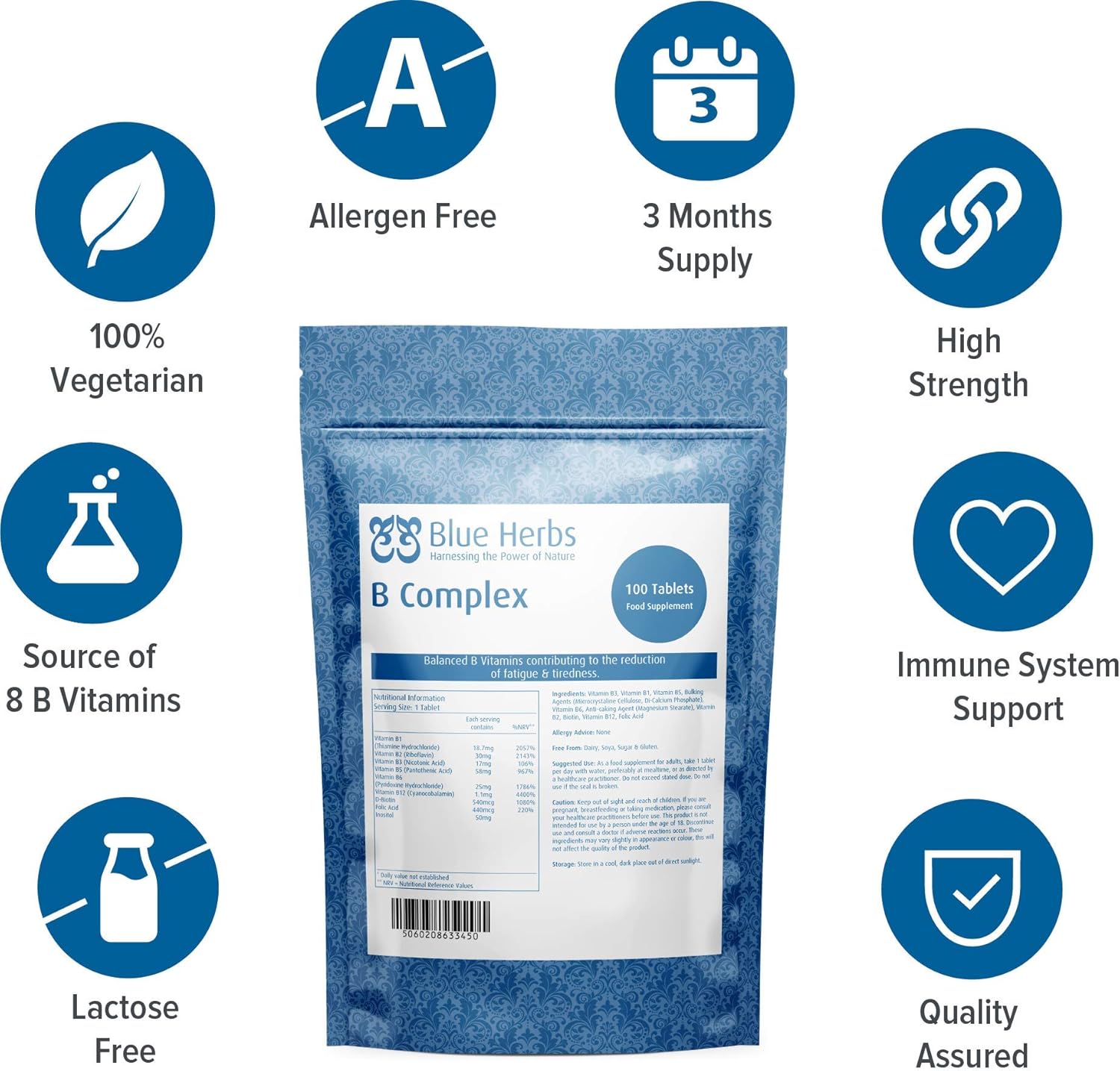 Blue Herbs Vitamin B Complex 100 Tablets Contains All 8 B Vitamins in