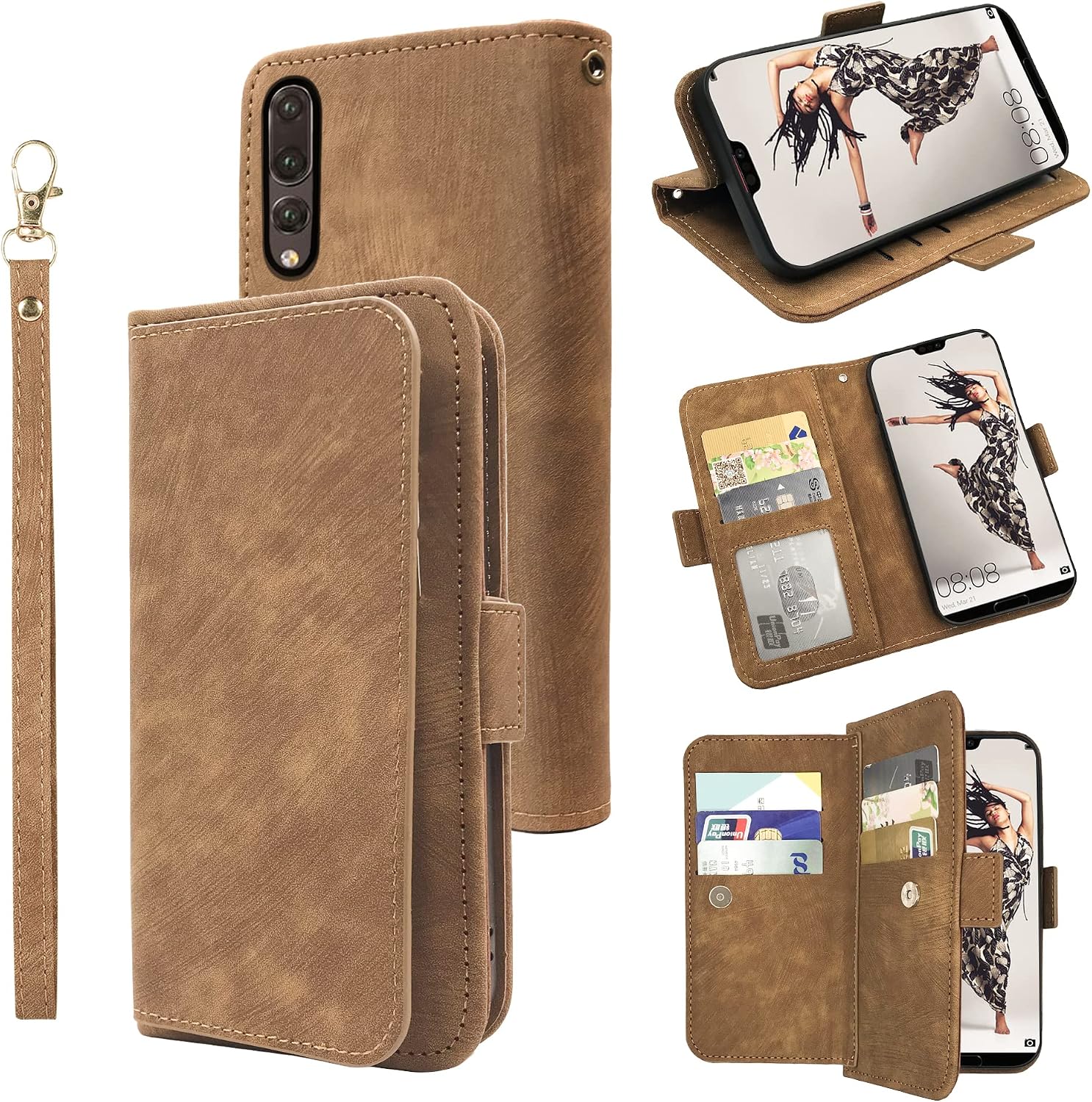 ELISORLI Custodia Portafoglio Per Huawei P30 Pro - Pelle PU + TPU, 6 Slot Carte, Cordino Da Polso, Supporto - 2