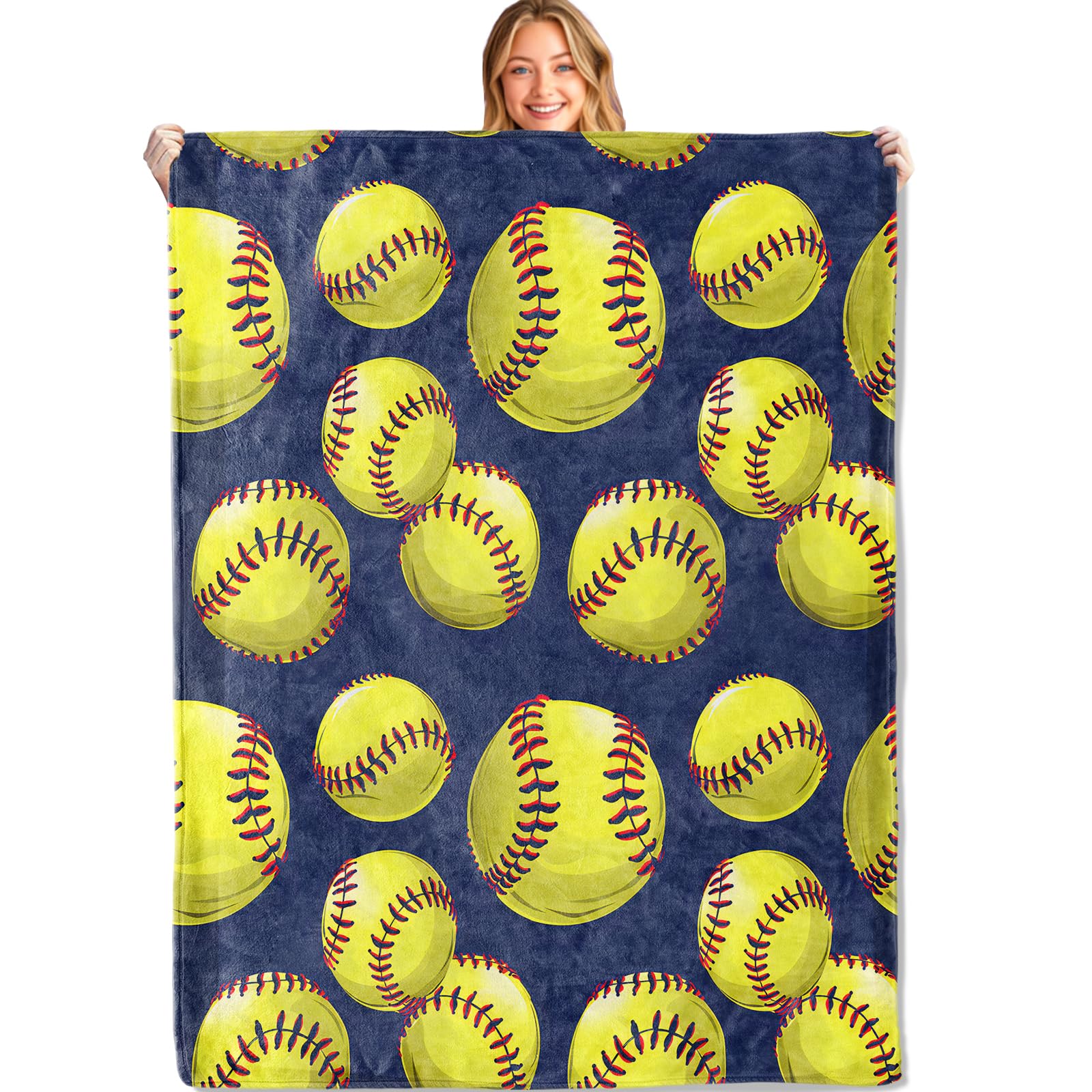 MIEPOS Softball Throw Blanket - 50x60in,Ultra Soft, Cozy Lightweight Flannel, Yellow Balls Blankets - Gifts for Women Men & Sport Lovers,for Couch