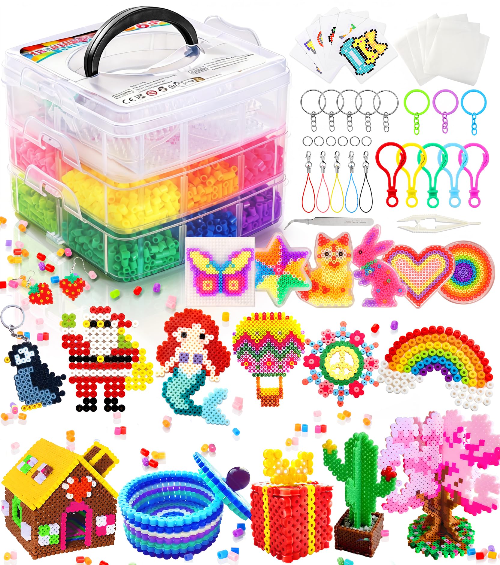 Ophy Bügelperlen Set | 15000 Stück 5mm Bügelperlen mit Dreilagiger Aufbewahrungsbox, 6 Bügelperlen Platten, 16 Muster, 5 Bügelpapiere, 20 Farben DIY Bügelperlenn, 3D für Kinder Geschenk Bastelideen