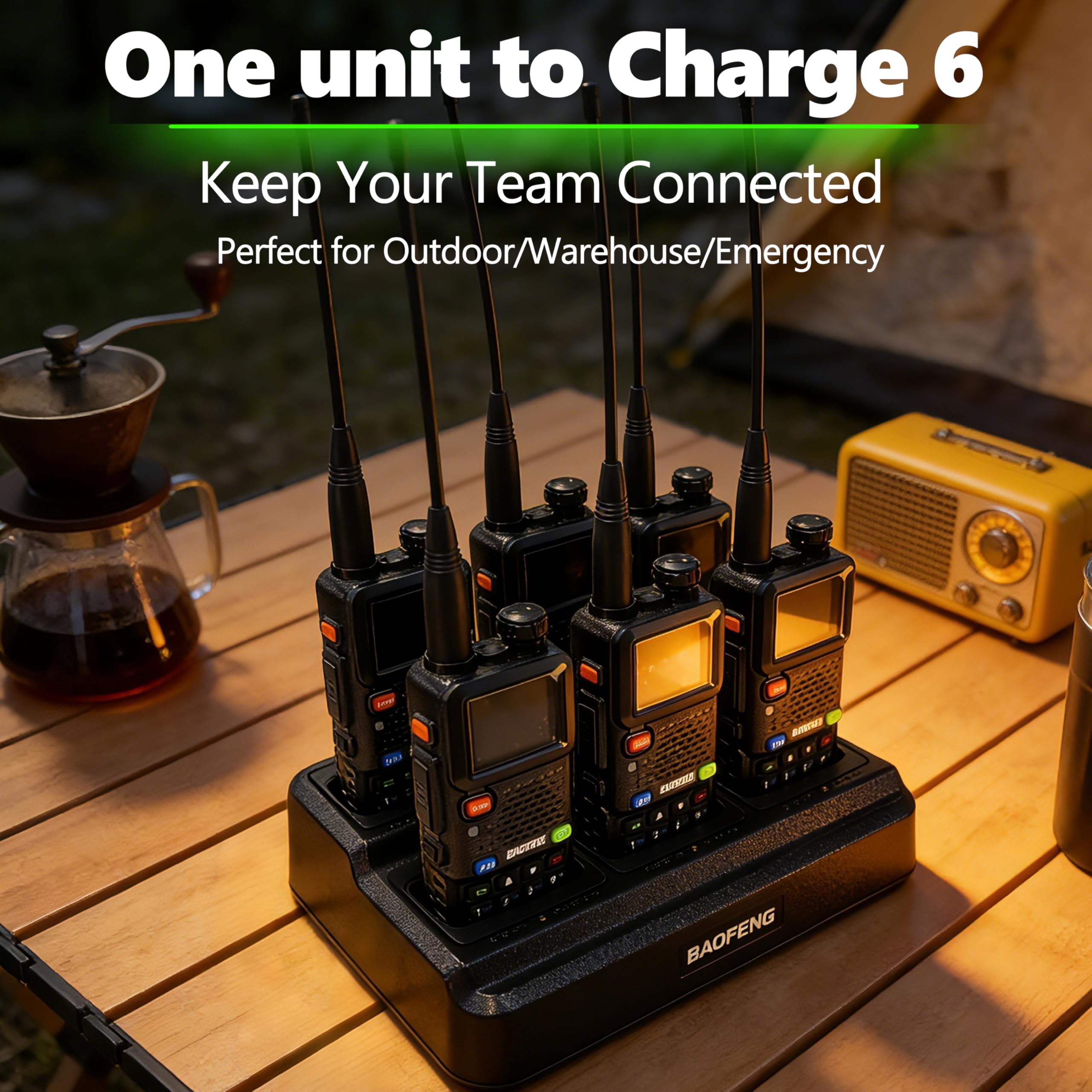 BAOFENG Cargador UV5RM de seis vías para estación de carga rápida AR-5RM/UV5RH Multi Unit con protección de sobrecarga y luces LED, ahorro de espacio Walkie Talkie y base de carga de batería