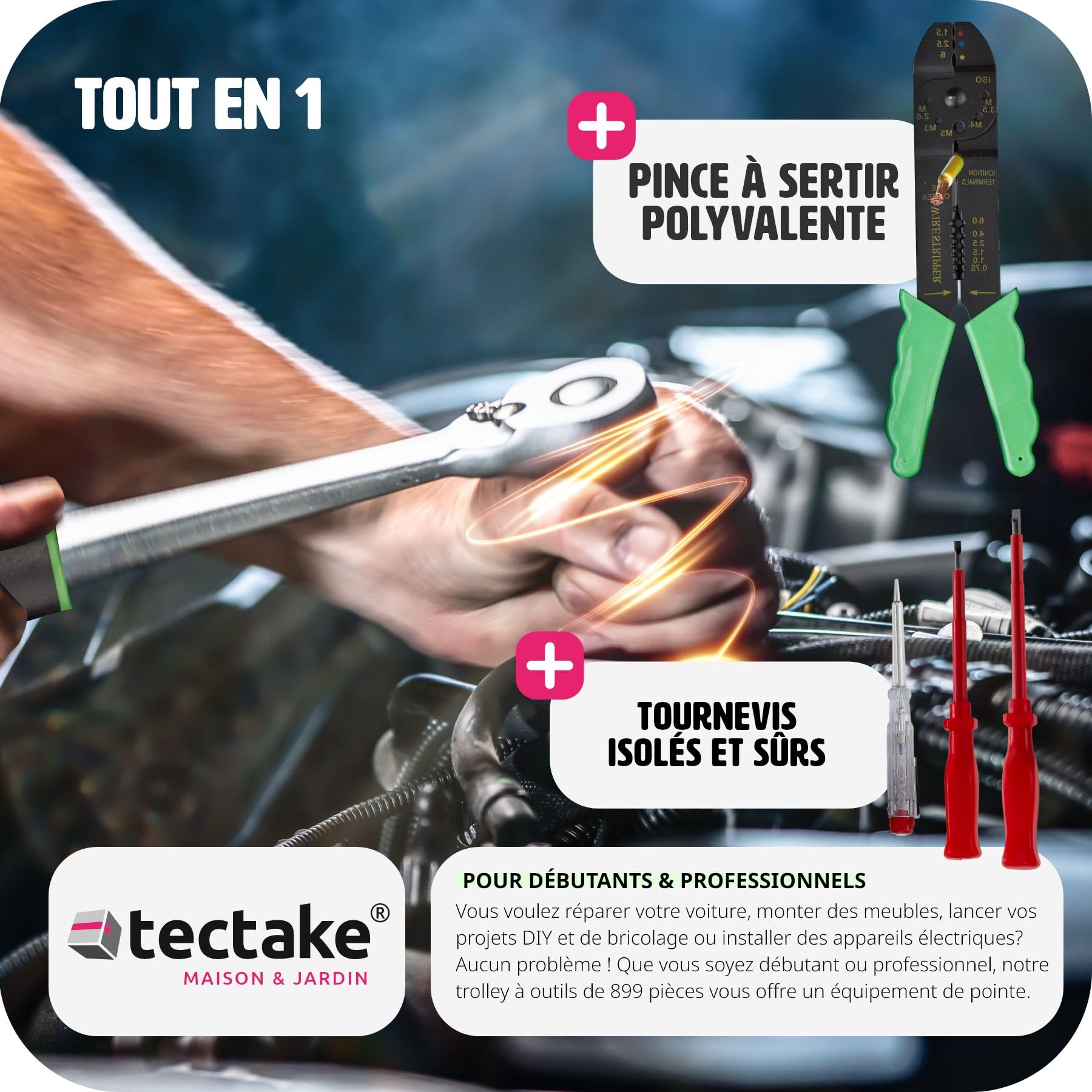 tectake® Caisse à outils sur roulettes Boîte à outils 899 Pièces 4 Compartiments, Rangement atelier Outillage à main Bricolage Embout visseuse Kit tournevis Rangement visserie