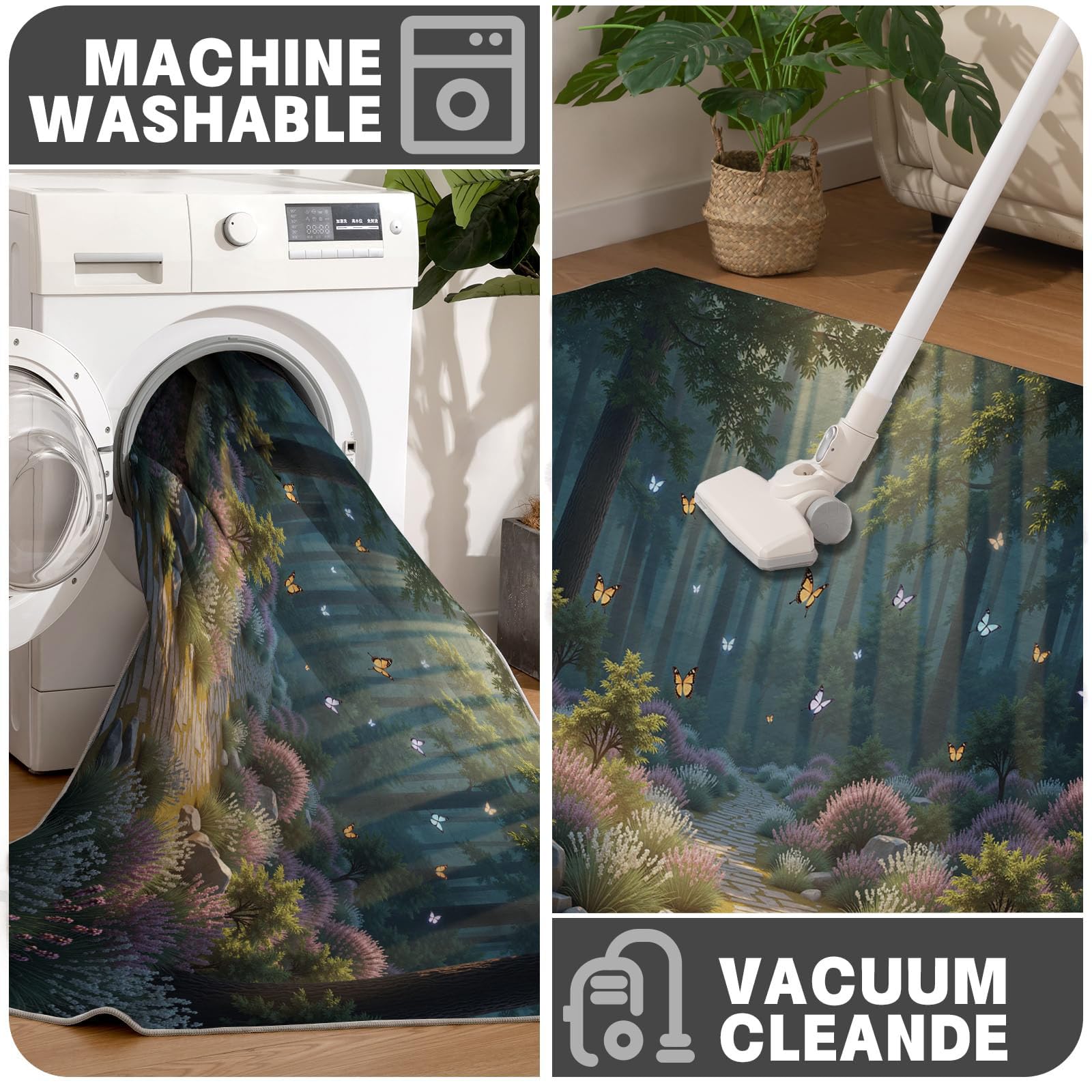 Paillasson de intérieur Antidérapant, Tapis de Rêve Forêt, Tapis Salle de Bain Flanelle Douce, Absorbant l'eau, pour Cuisine (Fleurs Papillons, 80x120cm