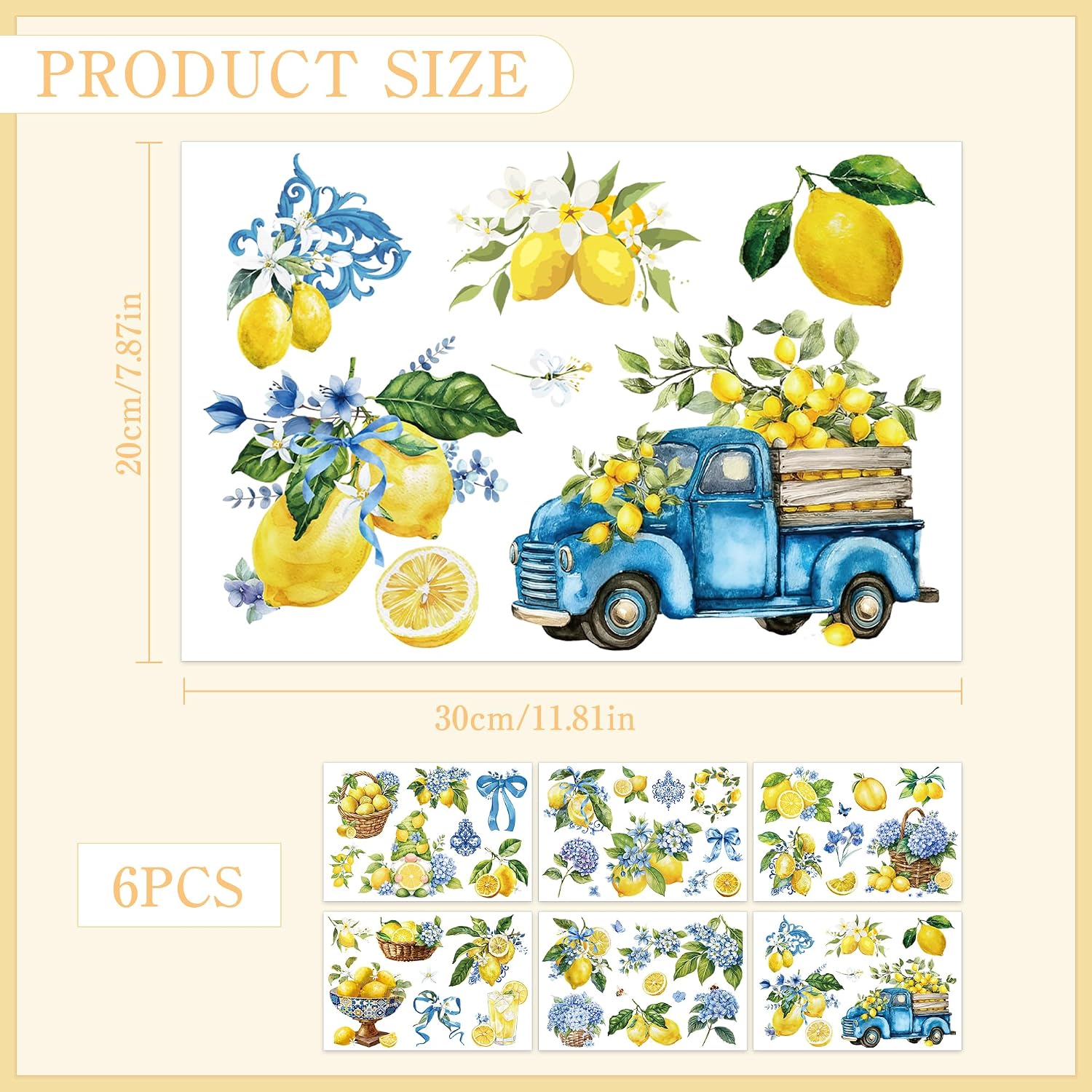 Rub on Transfers for Crafts Lemon Floral, 6 Pcs Rub on Furniture Transfers for Wood Glass Cabinet Dresser UV Printed Transfer Decals Blue Lemon Hydrangea DIY Furniture Makeover Decor 12"x8"