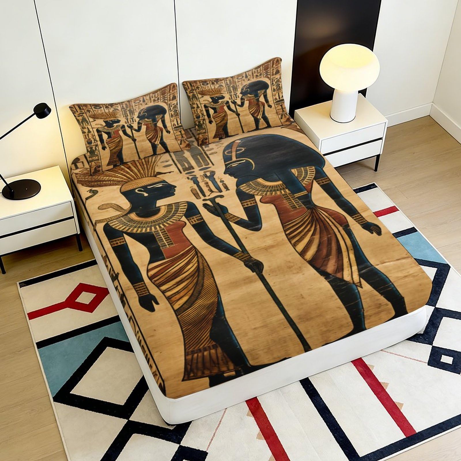 Lenzuolo con angoli in microfibra con stampa 3D, motivo egiziano | morbido al tatto, protezione per materasso, facile da pulire, lavabile tutto l'anno, 180 x 200 x 25 cm