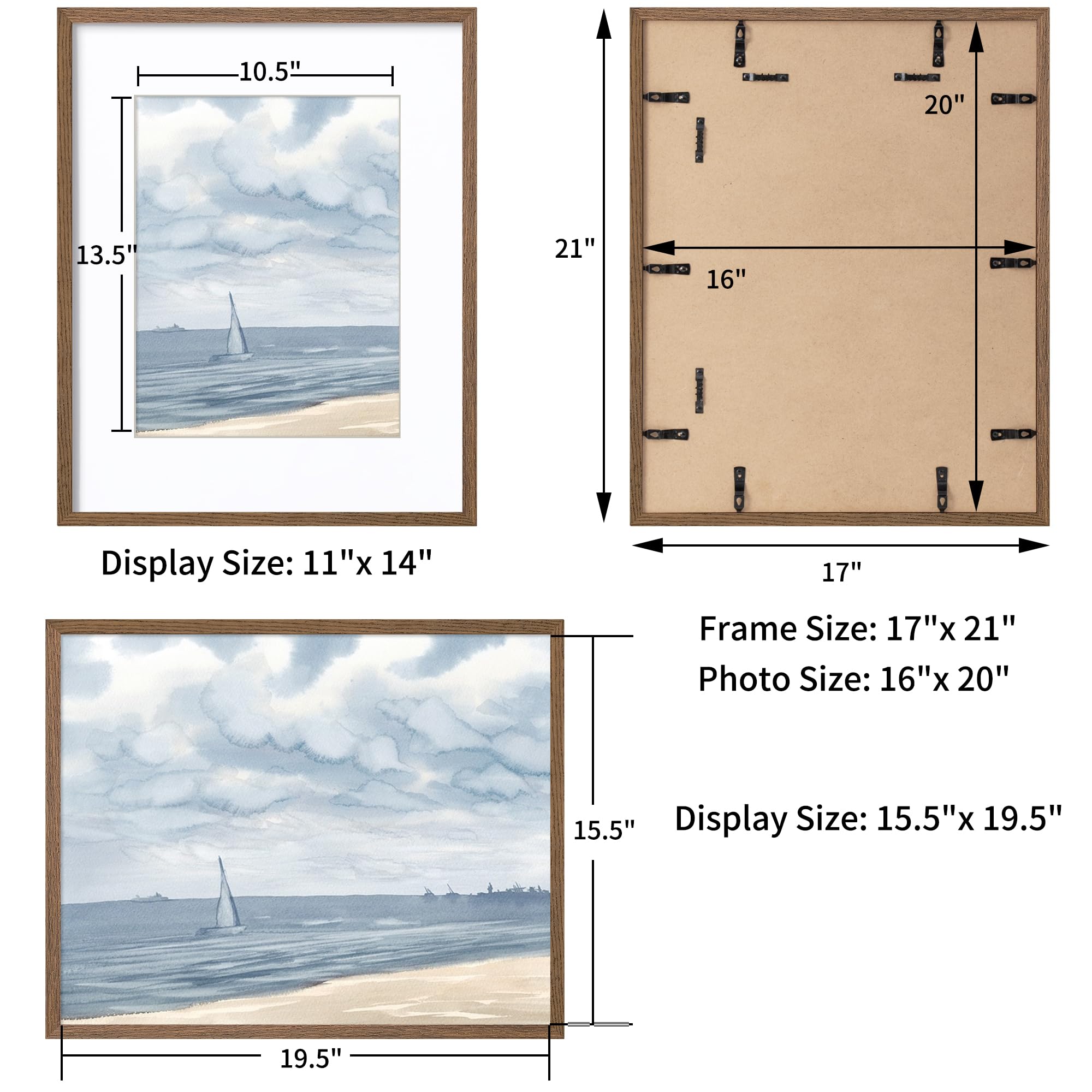 Axeman Set Of 2 Solid Oak Wood Picture Frames 16x20 With Mat For 11x14 Photos - Tempered Glass, Natural Finish