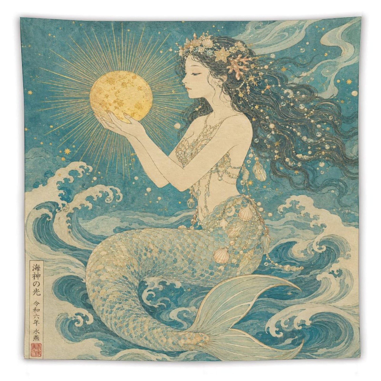 W7C8U2X3 Mermaid Holding Moon Wall Tapestry, Art Nouveau, Art Nouveau