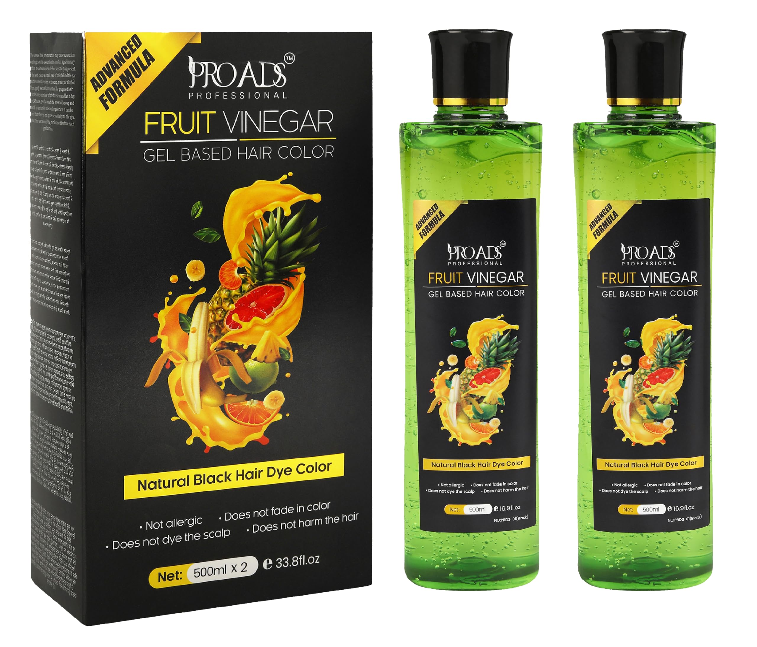PRO ADS Black Hair Color Gel with Fruit Vinegar | 10-Min Quick Hair Dye for Men & Women | Long-Lasting, Natural Look | No Drip, Mess-Free Gel Hair Color (500mlX2)