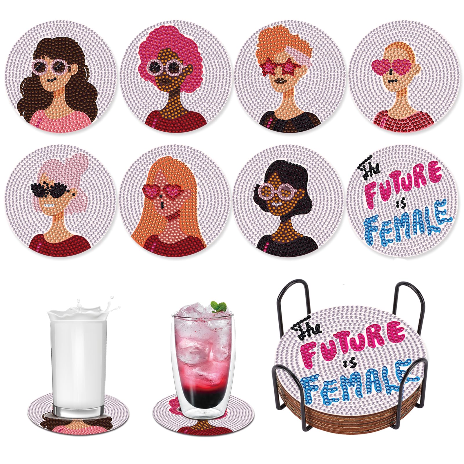 8pcs Diamond Painting Coasters Kits with Holder Diamond Art Coasters DIY Painting Female Pattern Friends Diamond Painting Girls Night Games Diamond Art Kits for Adults Home Decor