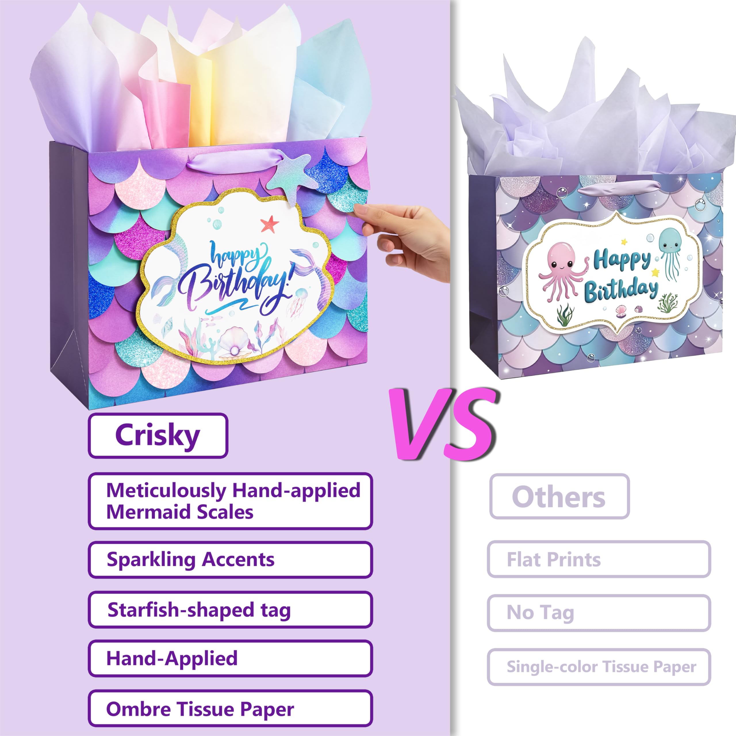 Crisky Mermaid Birthday Gift Bags for Girls with Tissue Paper and Seashell Card - 3 D Bling Design - Mermaid Gift Bag for Kids Women Birthday Decorations Purple Party Supplies Gifts Ideas