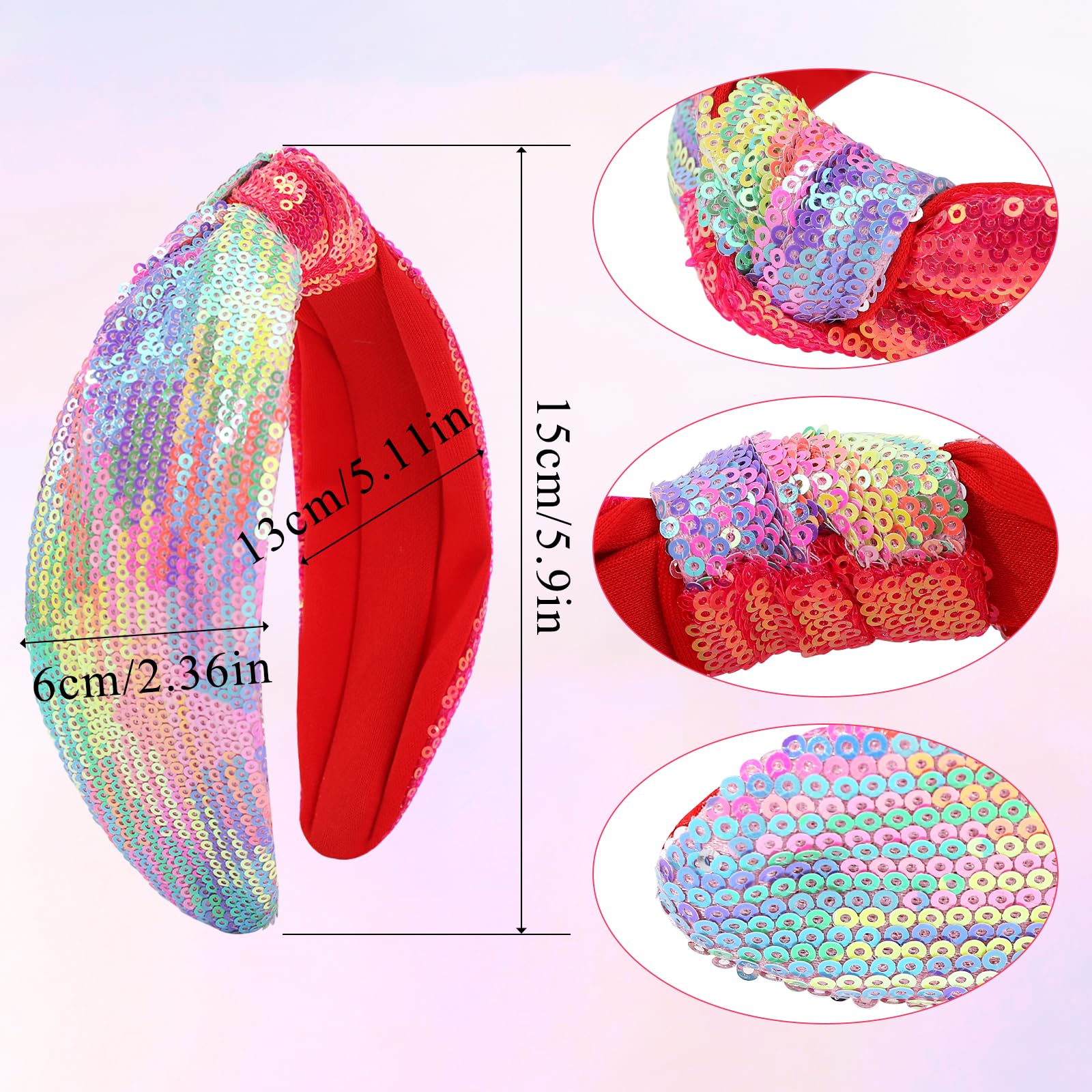 Diadema anudada de lentejuelas arcoíris con 4 piezas de accesorios brillantes para el cabello para niñas y mujeres, tocados cómodos con lentejuelas iridiscentes, diademas iridiscentes a la moda con