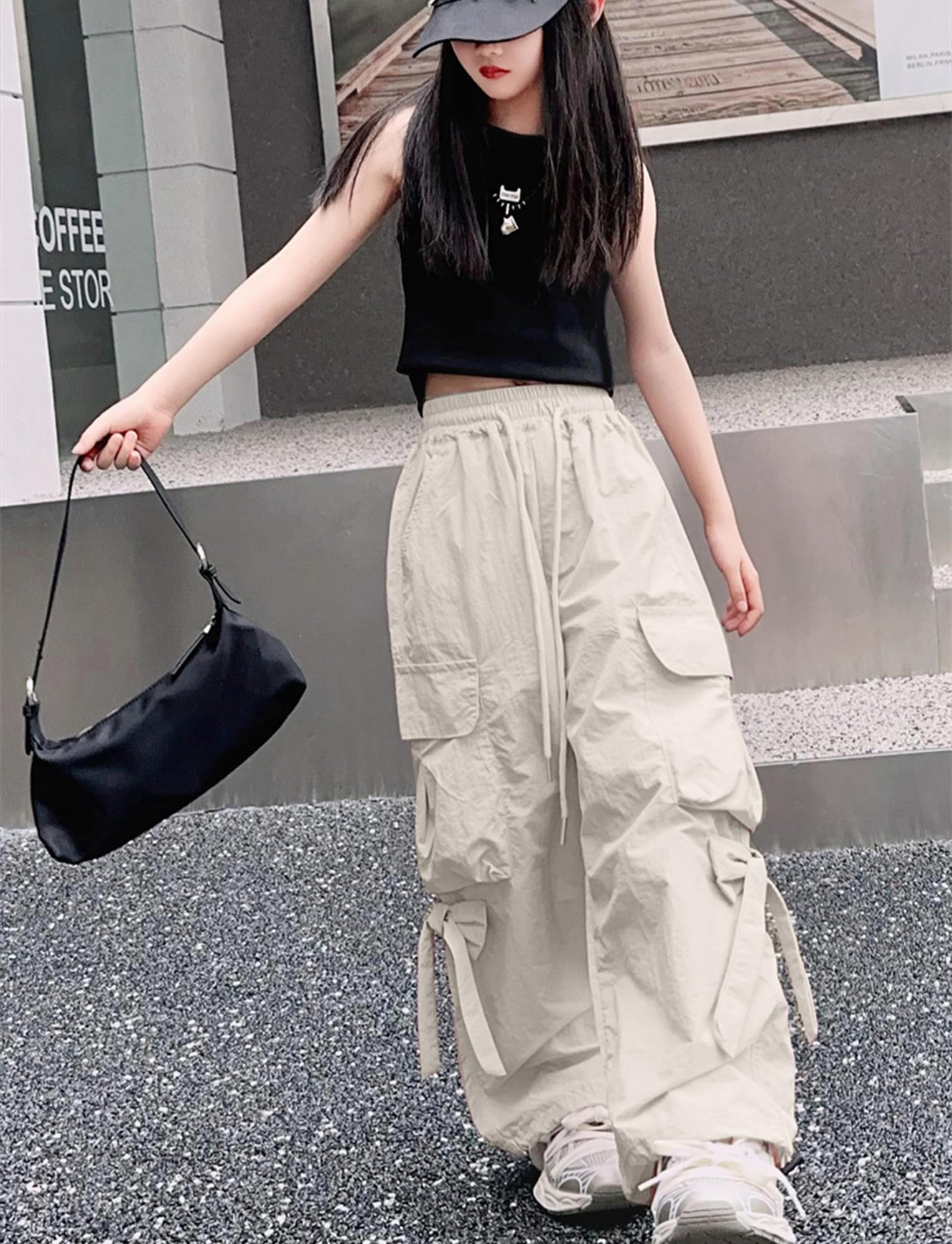 SEUAR Pantalon Cargo Ample Fille Pantalon Hip-Hop Enfant Fille Multi Poche Danse Jazz Sport Casual Streetwear 120-170
