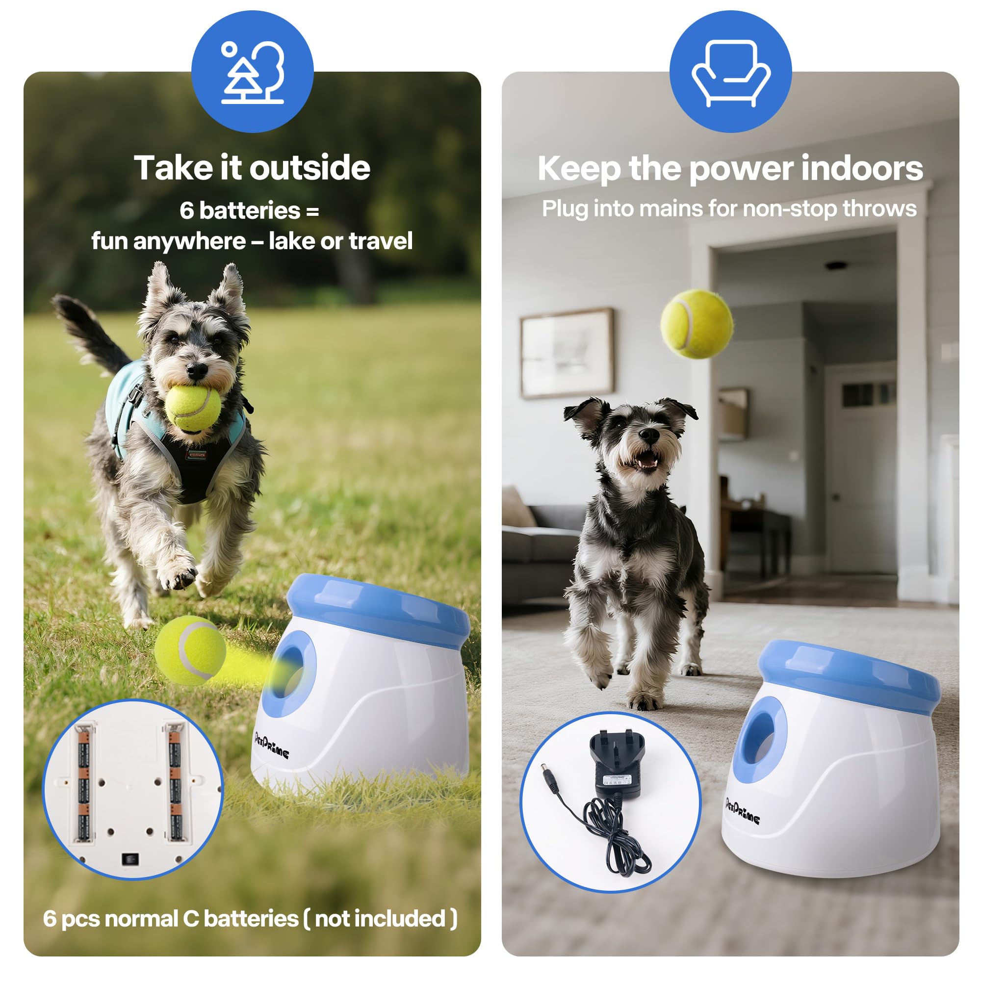 Pet Prime Lanzador automático de pelotas para perros, máquina interactiva de búsqueda de perros, juguete para mascotas, 3 pelotas de tenis para perros, juego de lanzamiento incluido para interiores y