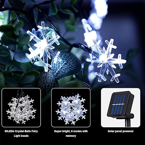 Miniatura 2 de Mudder Tira de 80 luces LED de Navidad más grandes de 33 pies con forma de copo de nieve, funciona con energía solar, tira de luces impermeables