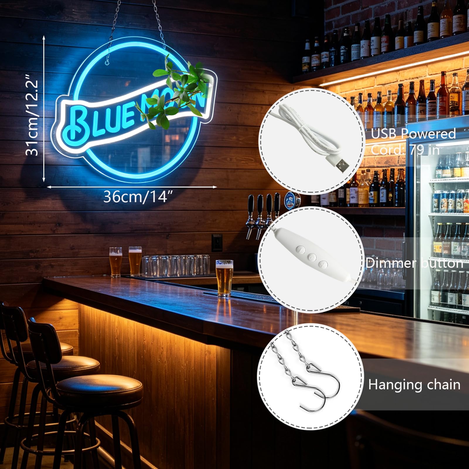 JFLLamp Blue Moon Neon Signs for Wall Decor Neon Lights for