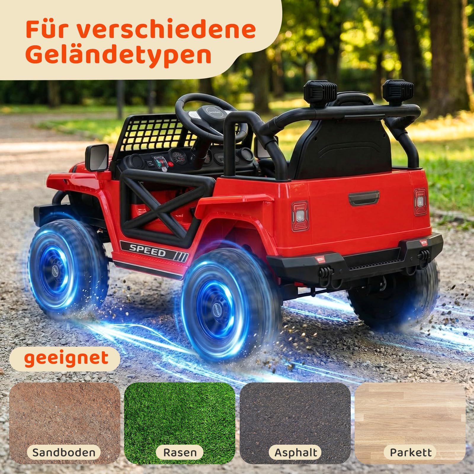 MAMIZO Kinder Elektroauto 12V 7Ah, Kinder Elektrofahrzeug, Elektrische Kinderauto mit 2 Motoren 12V, Fernbedienung, Geschwindigkeitsstufen, LED und Sicherheitsgurt, Musik, für 3-8 Jahren, 30KG, Rot