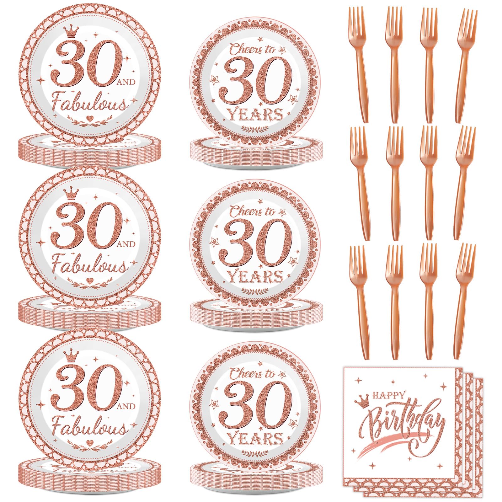 30th Birthday Decorations Plates and Napkins for Women Rose Gold Party Supplies 30 and Fabulous Happy Birthday Tableware Set Cheers to 30 Years Party Decorations Table Decors for Her Girl 24 Guests