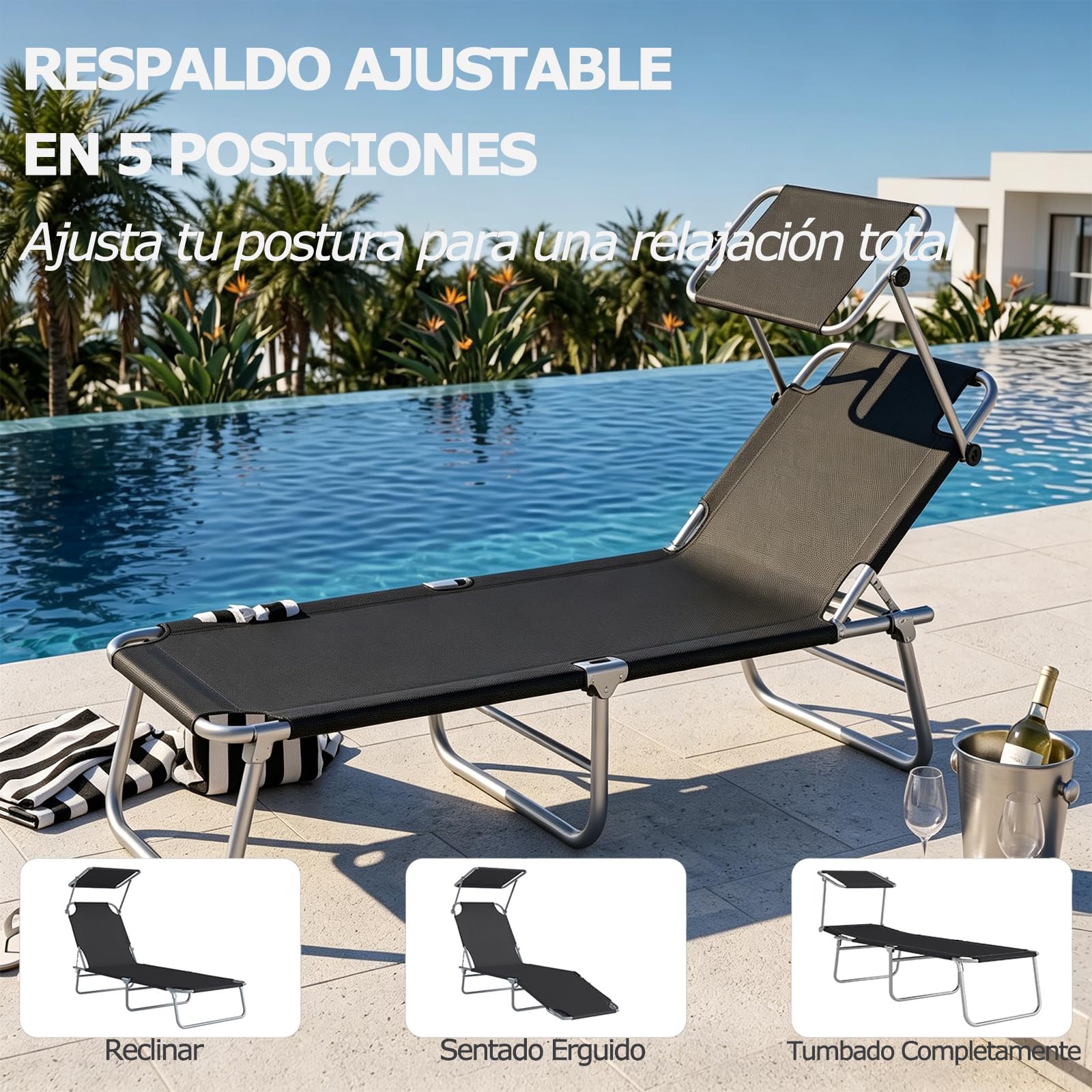 Tumbona Plegable, Tumbona Playa con Toldo Desmontable y Regulable Respaldo Reclinable, Hamacas Jardin Tumbonas para Jardín, Piscina, Terraza, Capacidad de Carga 150 kg