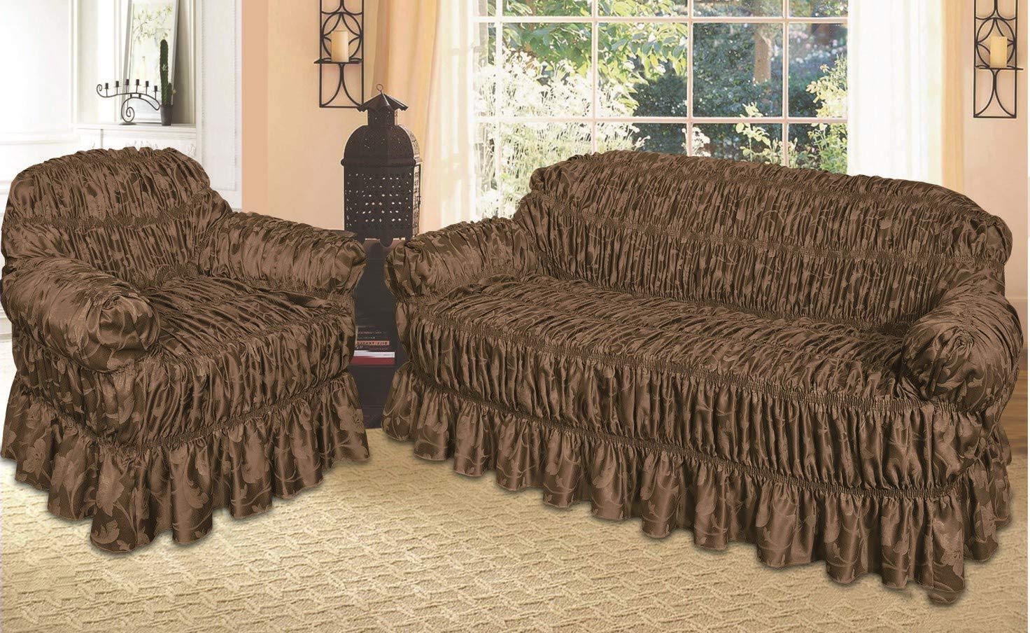 Jacquard Sofa Cover for 1, 2 & 3 Seater in/Alternate to Sofa Throw (Mocca, 3 Seater)
