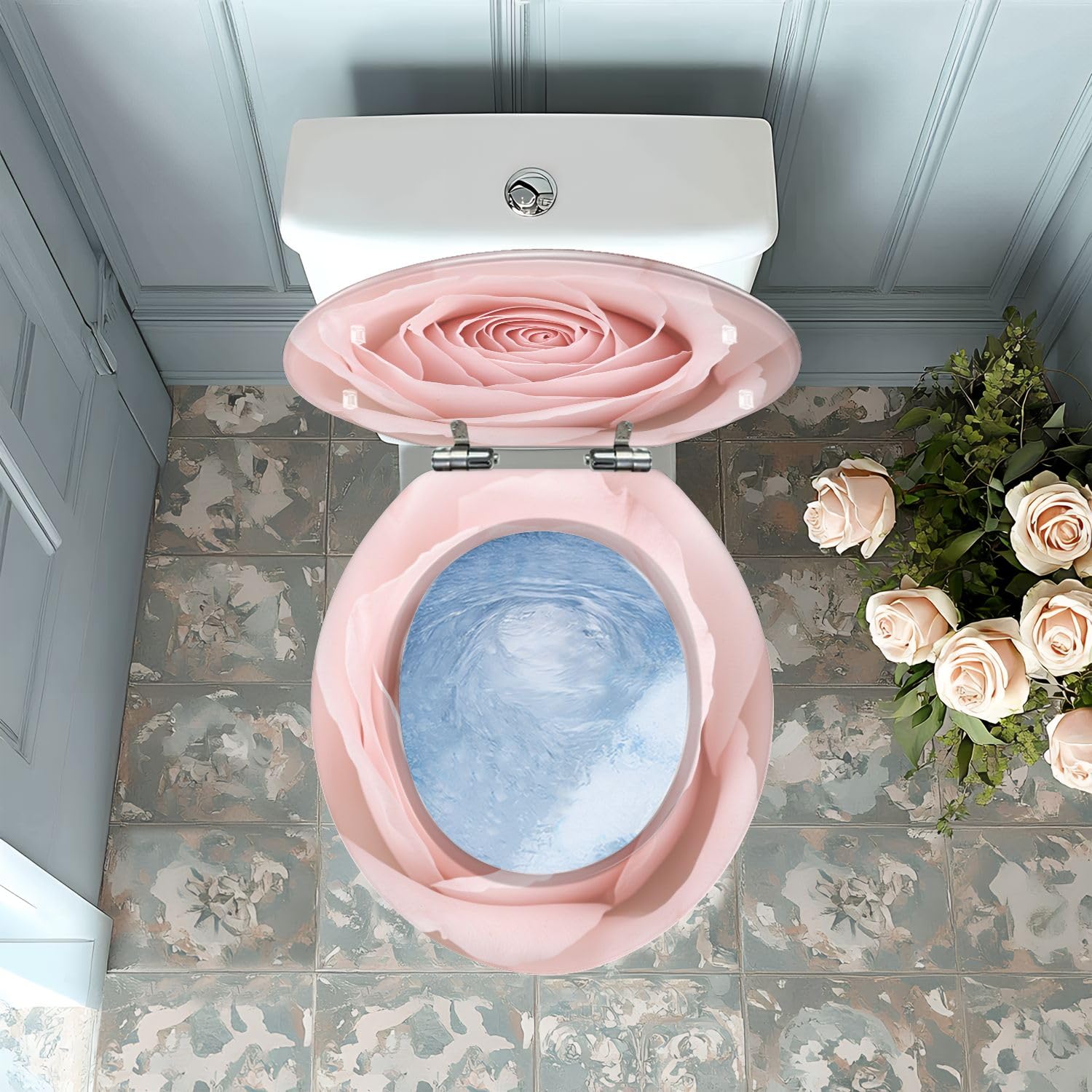 Asiento de inodoro redondo genérico para baño con bisagras de resina de cierre suave y liberación rápida.