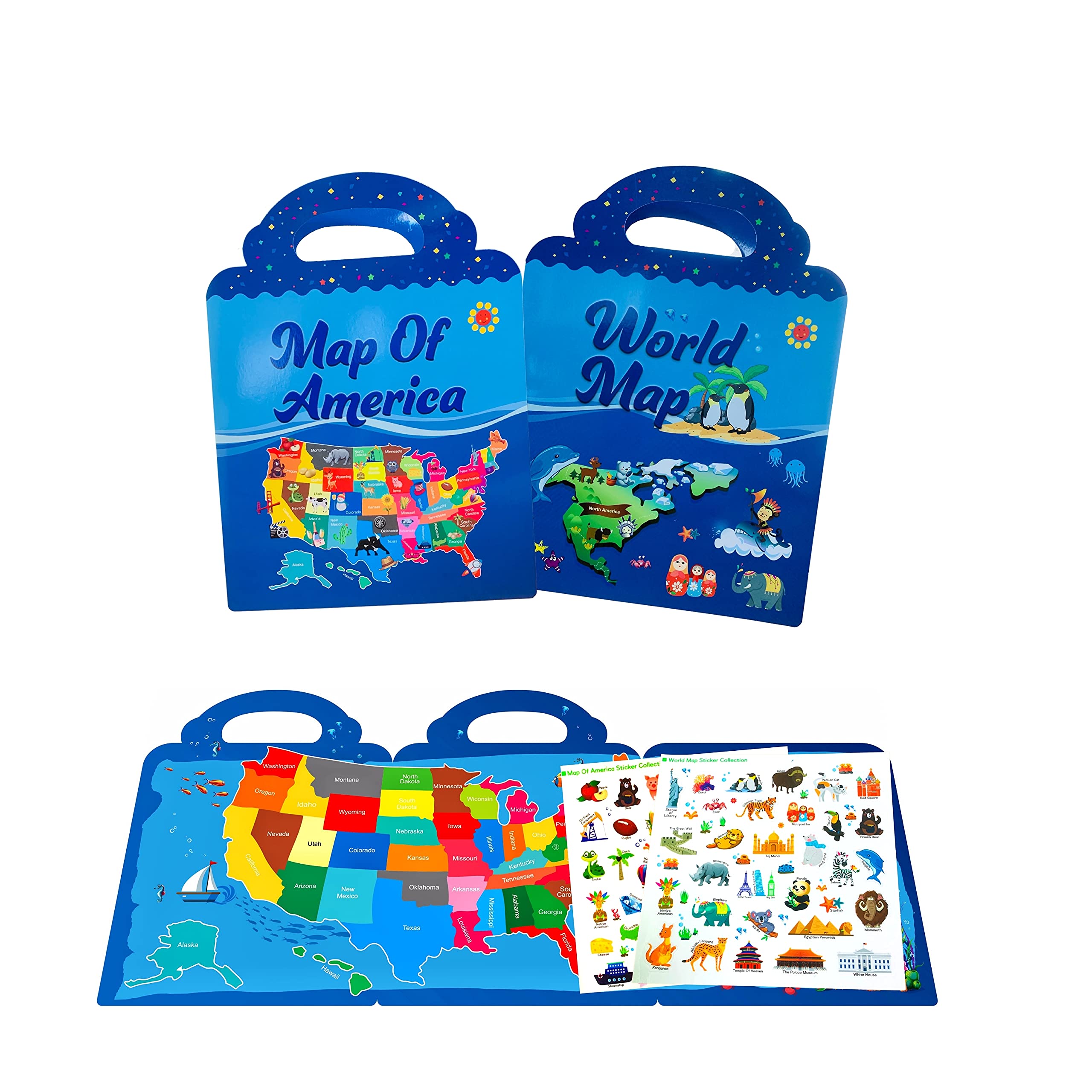 Reusable Stickers Book Educational Toys for Toddlder of Ages 3 to 5 Years,US Map&World Map Learning Stickers for Kids Ages 2-4,Removable Stickers for Toddler Toys Girls Boys Gifts(2 Pack)