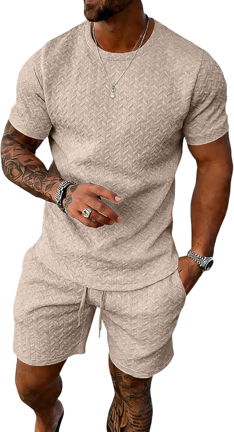 UOUA Mens Summer Outfits 2 Piece Short Set Casual Track Suits Matching Crew Neck Shirt and Vacation Shorts